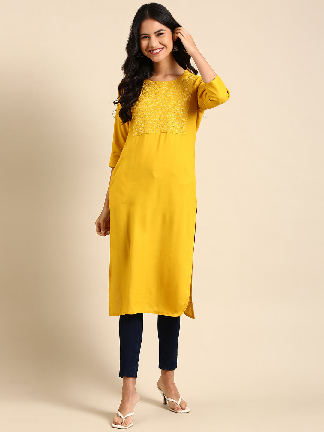 Women's Yellow Printed Straight Kurta