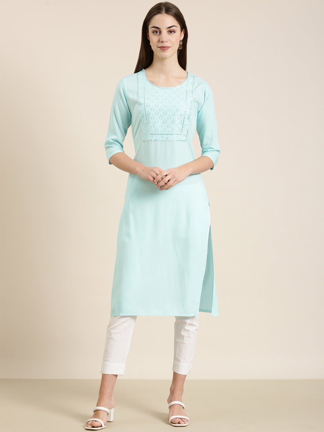 Women Blue Solid Straight Kurta