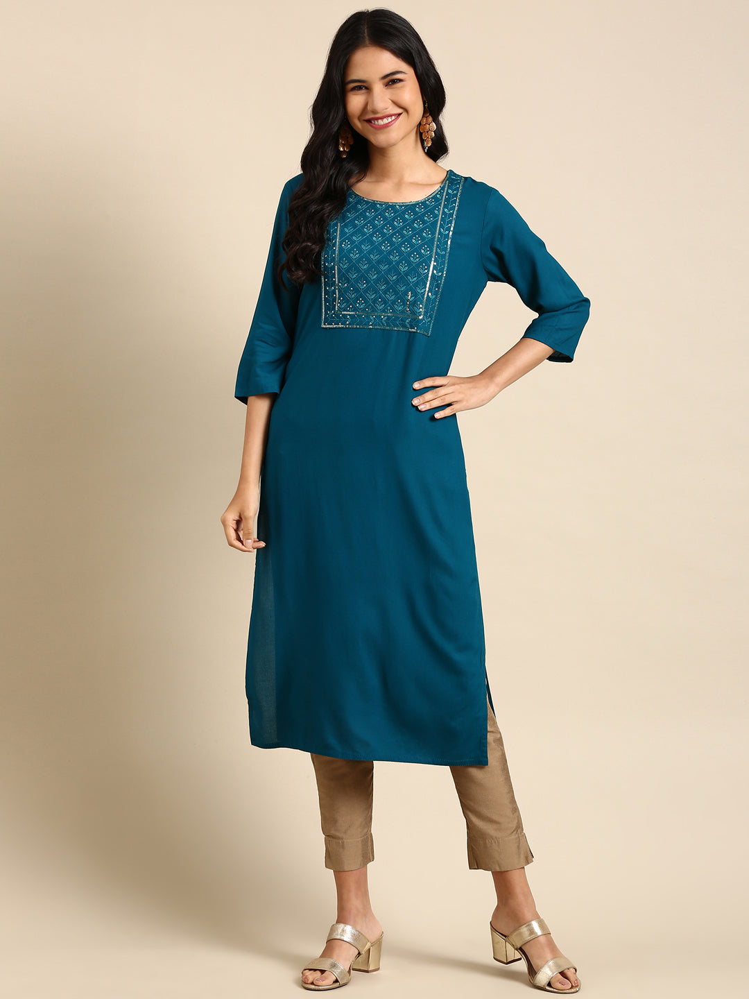 Women's Teal Solid Straight Kurta