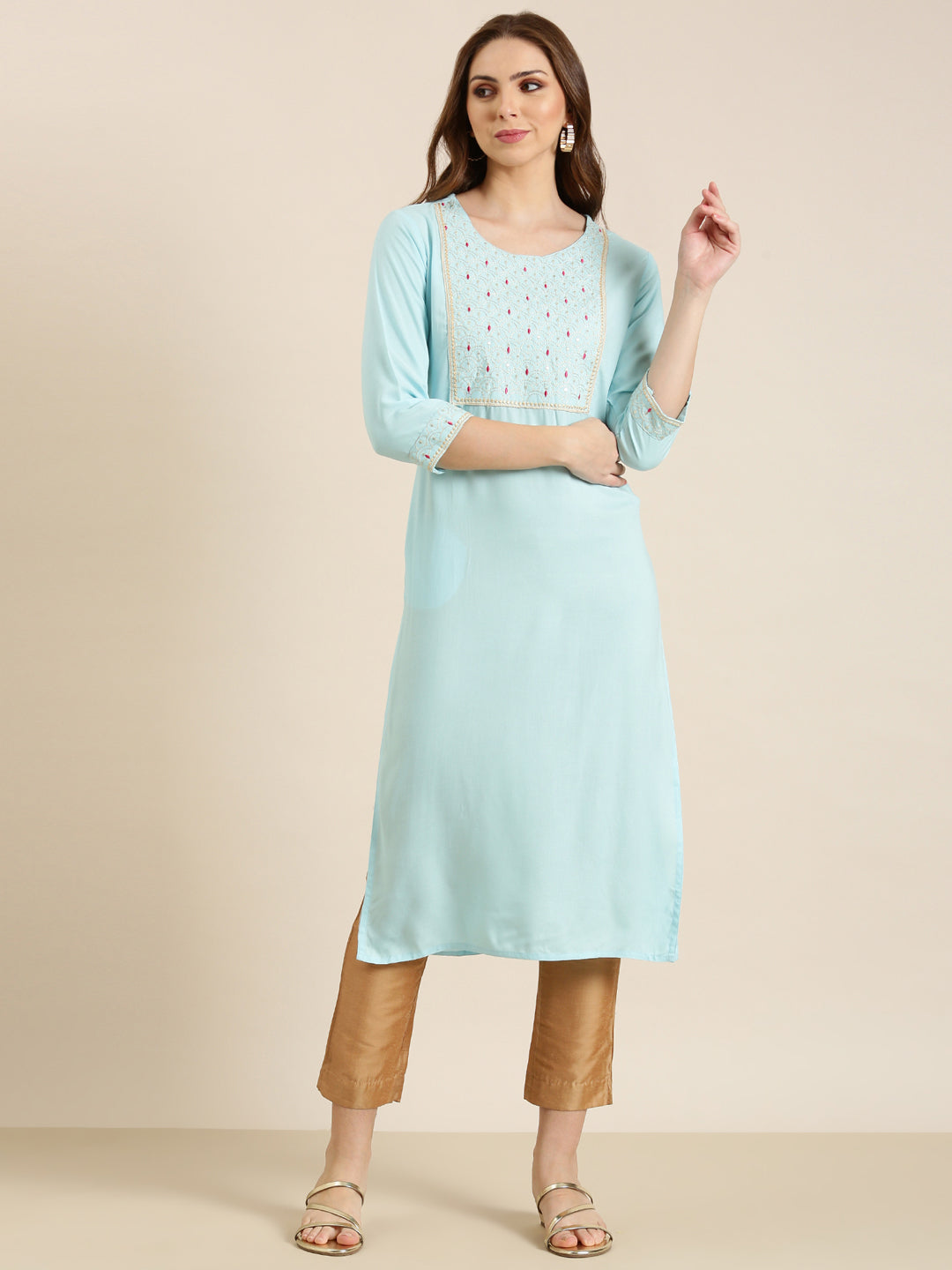 Women Blue Solid Straight Kurta