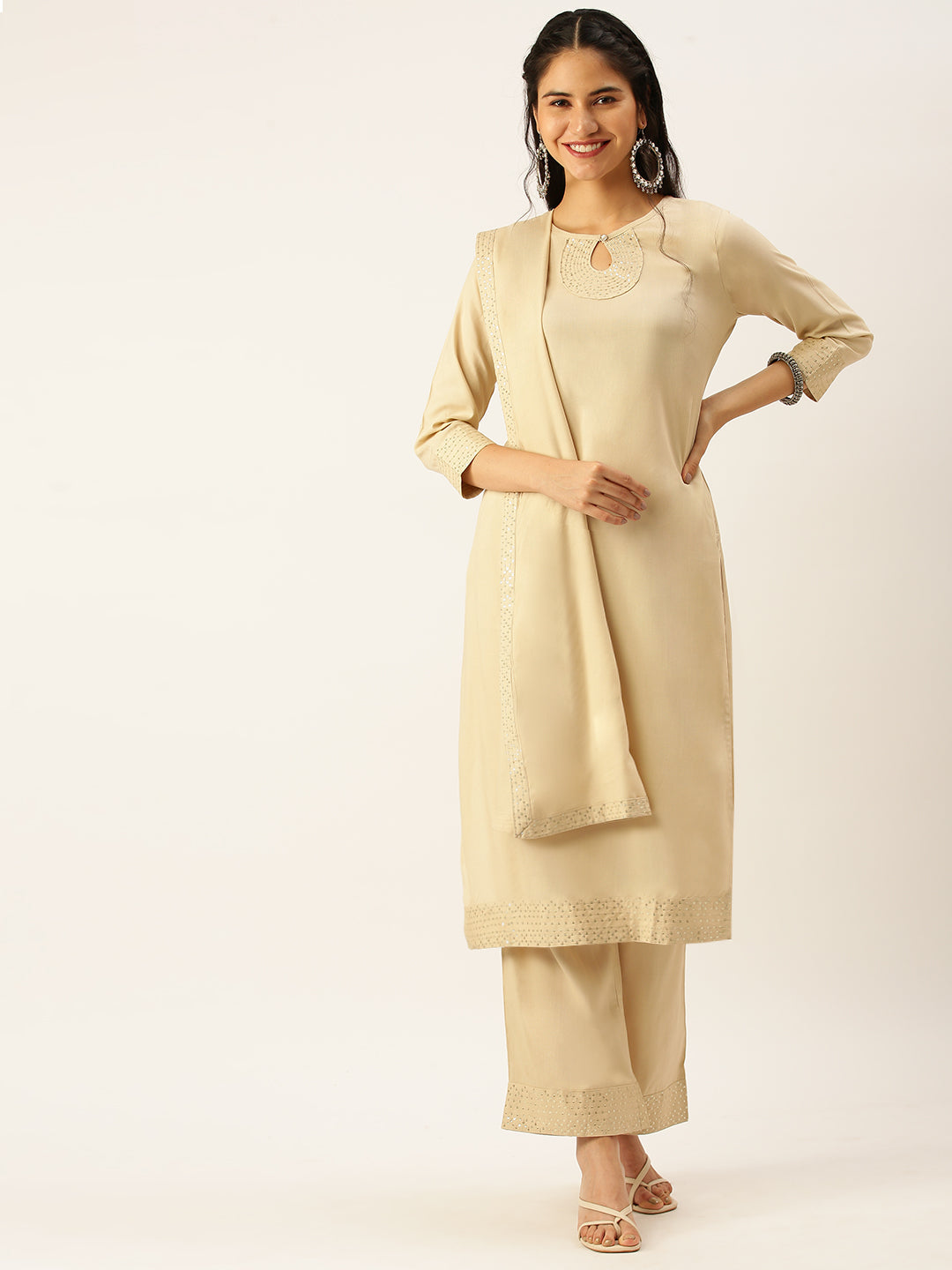 Women's Beige Solid Kurta Sets