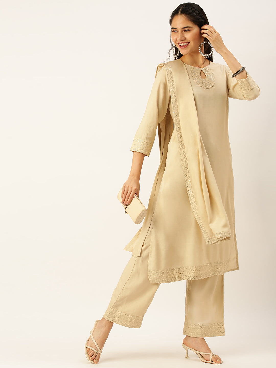 Women's Beige Solid Kurta Sets