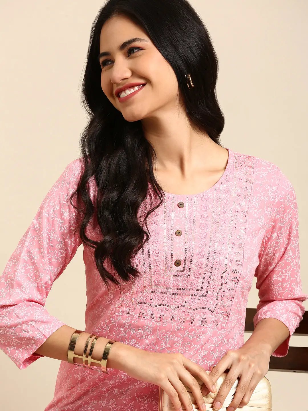Women's Pink Embroidered Straight Kurta