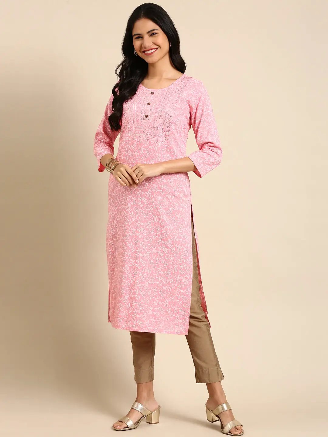 Women's Pink Embroidered Straight Kurta