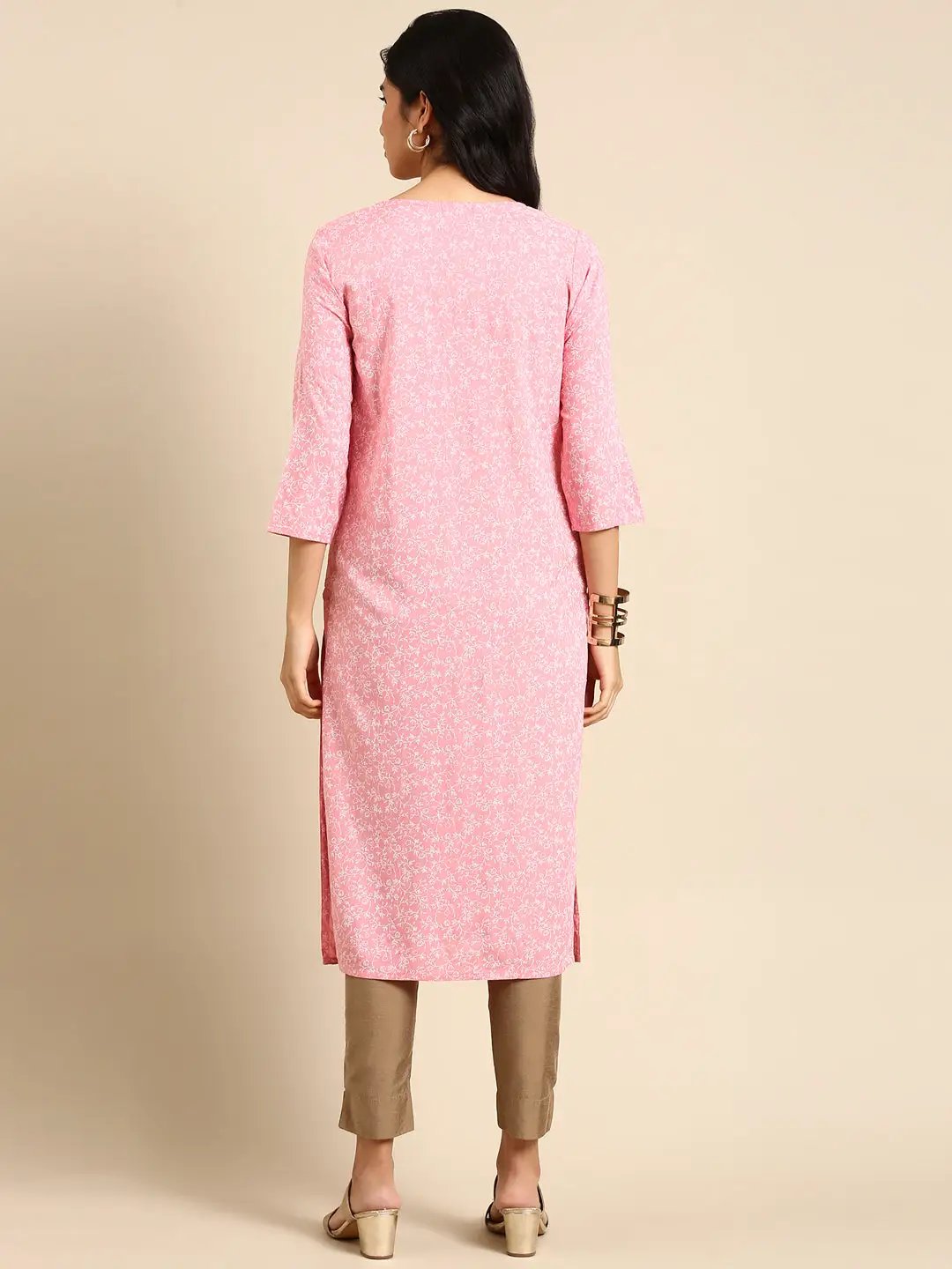 Women's Pink Embroidered Straight Kurta