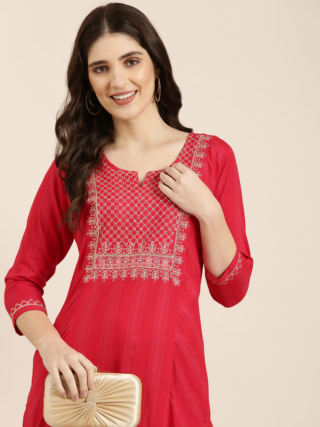 Women Red Striped Straight Kurta