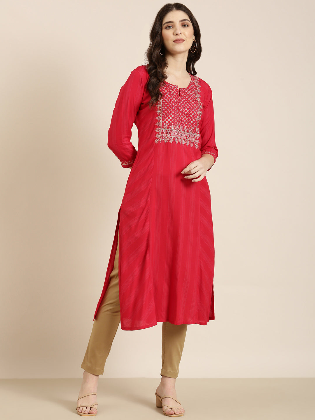 Women Red Striped Straight Kurta