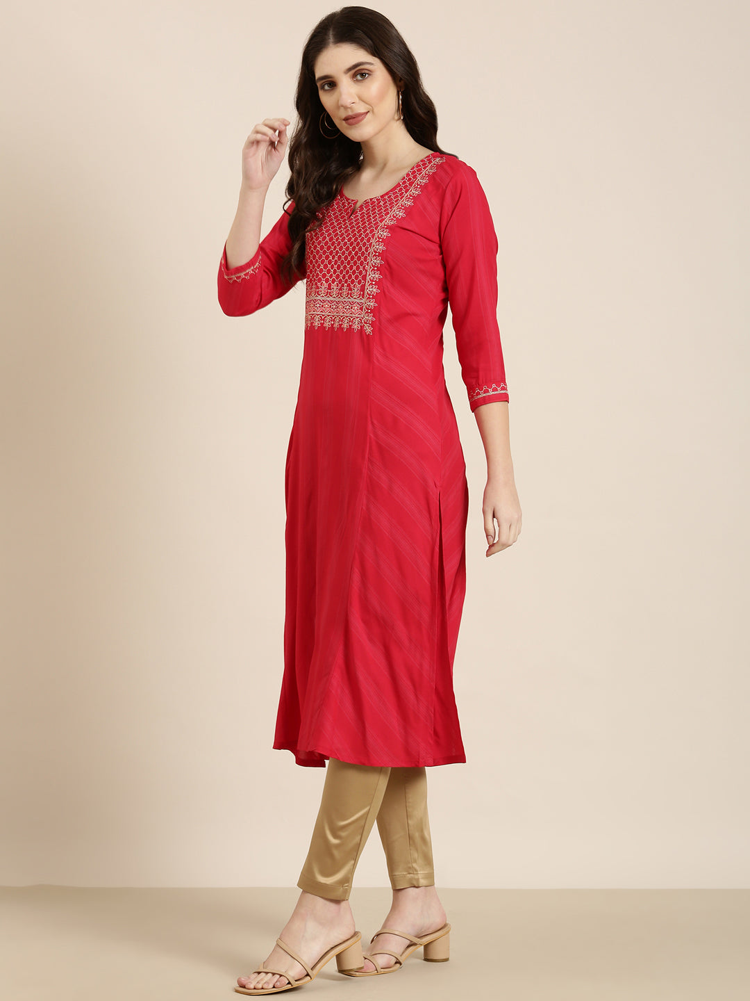 Women Red Striped Straight Kurta