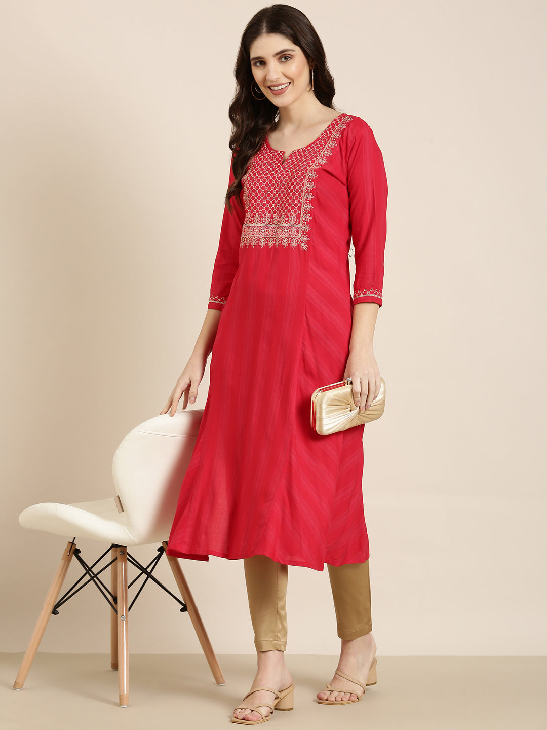 Women Red Striped Straight Kurta