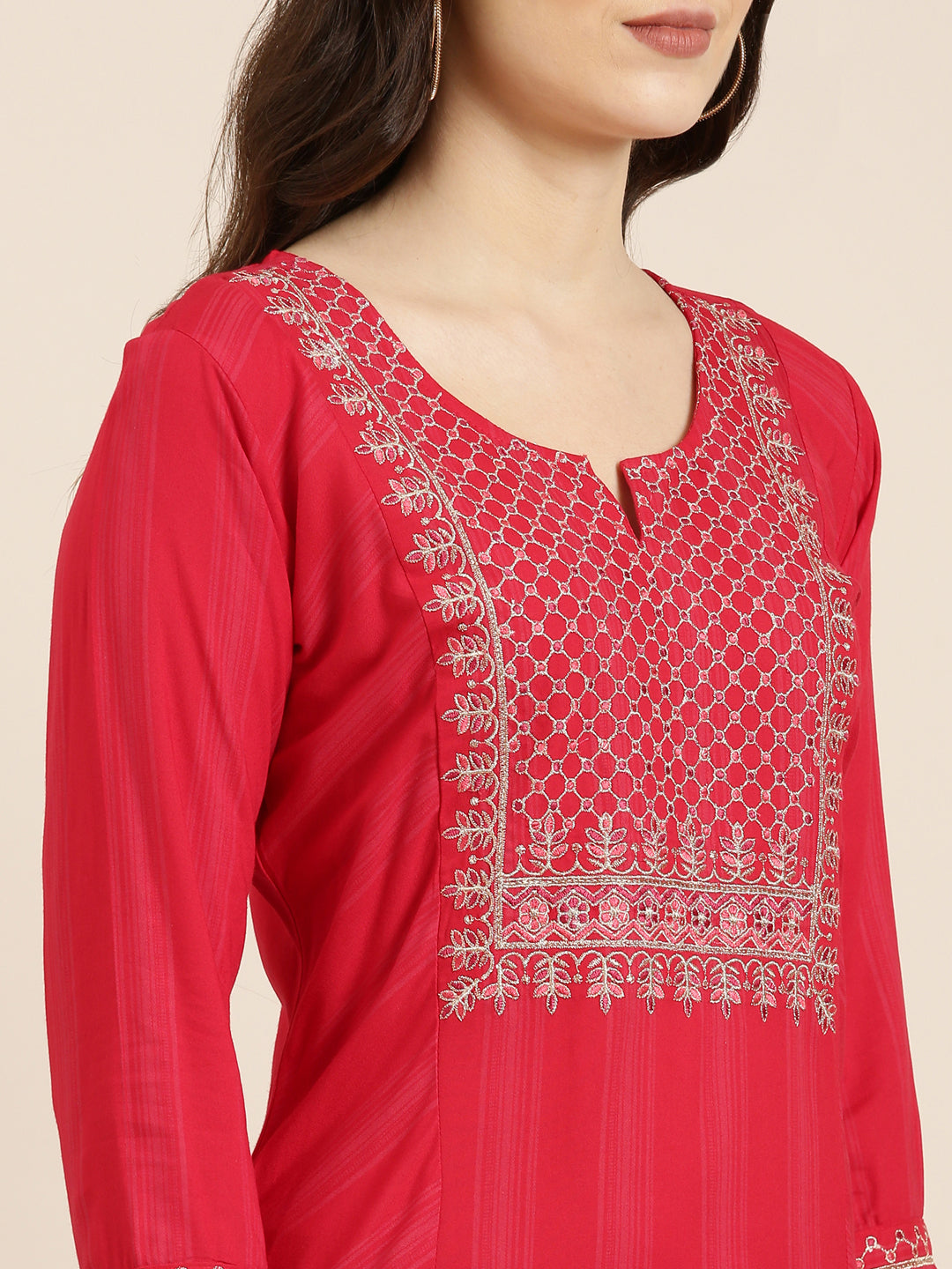 Women Red Striped Straight Kurta