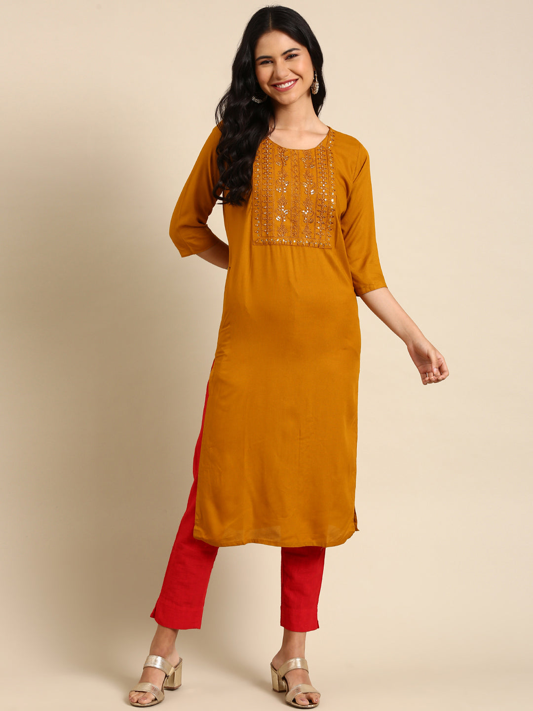 Women's Mustard Solid Straight Kurta