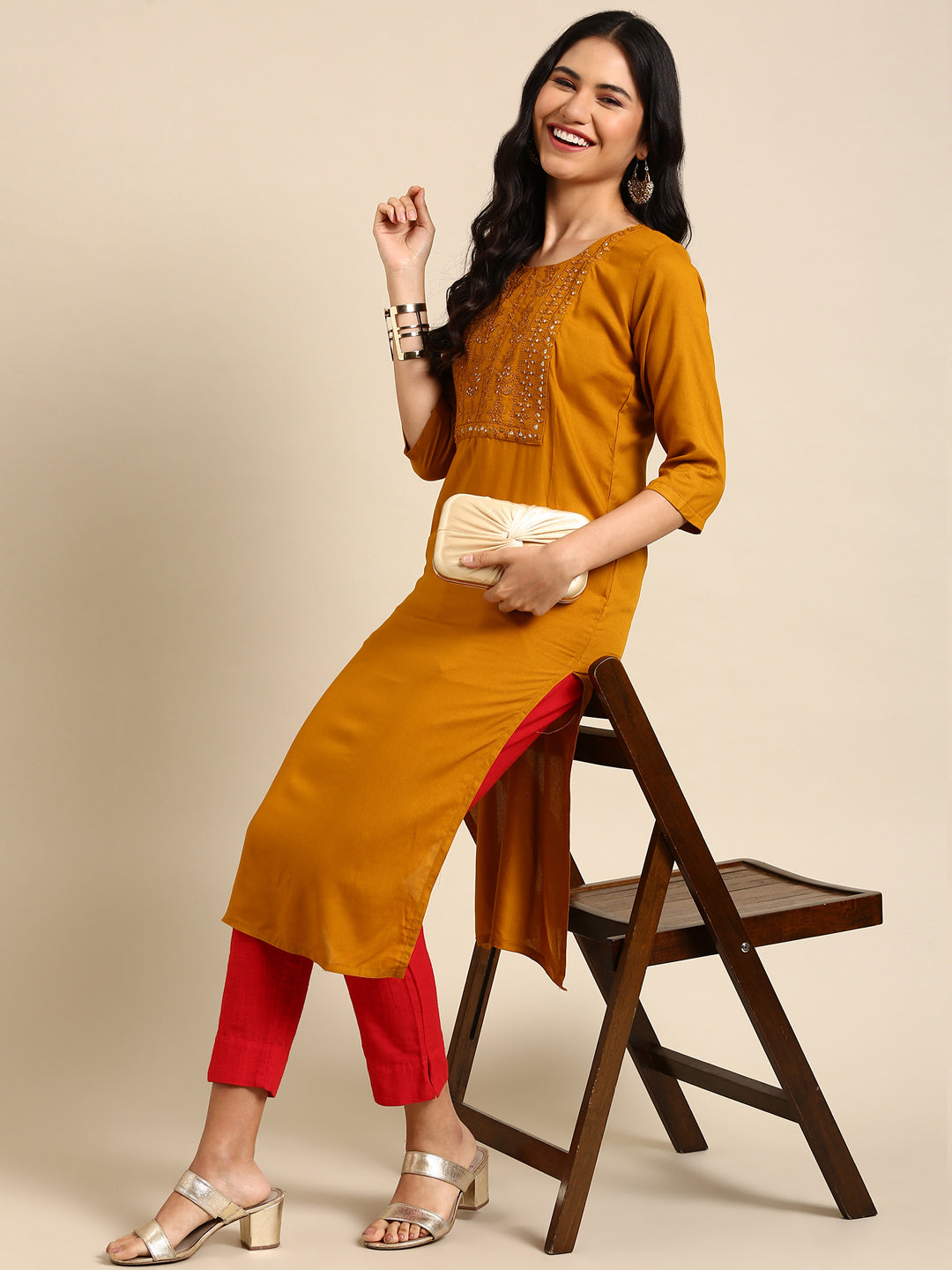 Women's Mustard Solid Straight Kurta