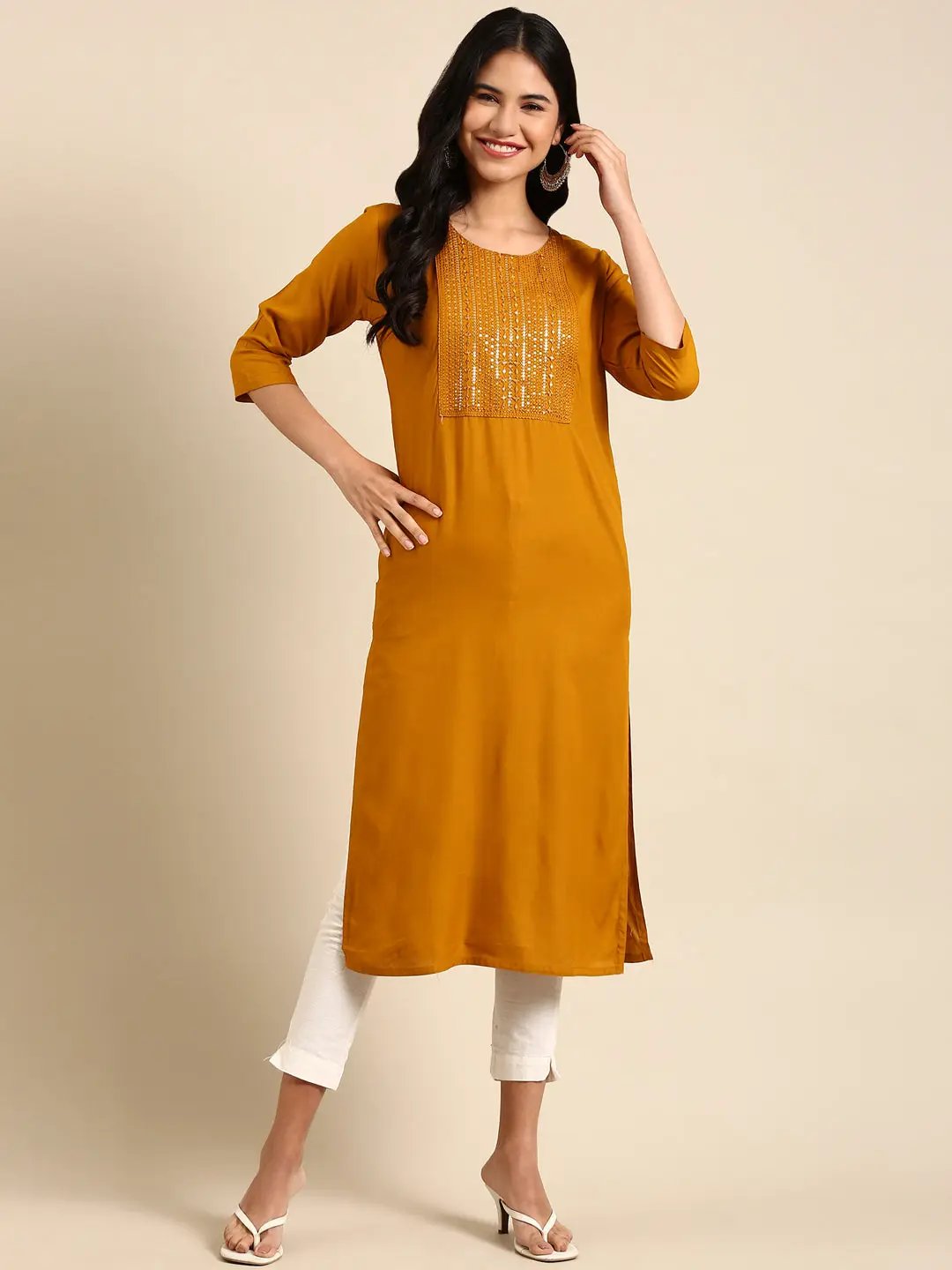 Women's Mustard Solid Straight Kurta