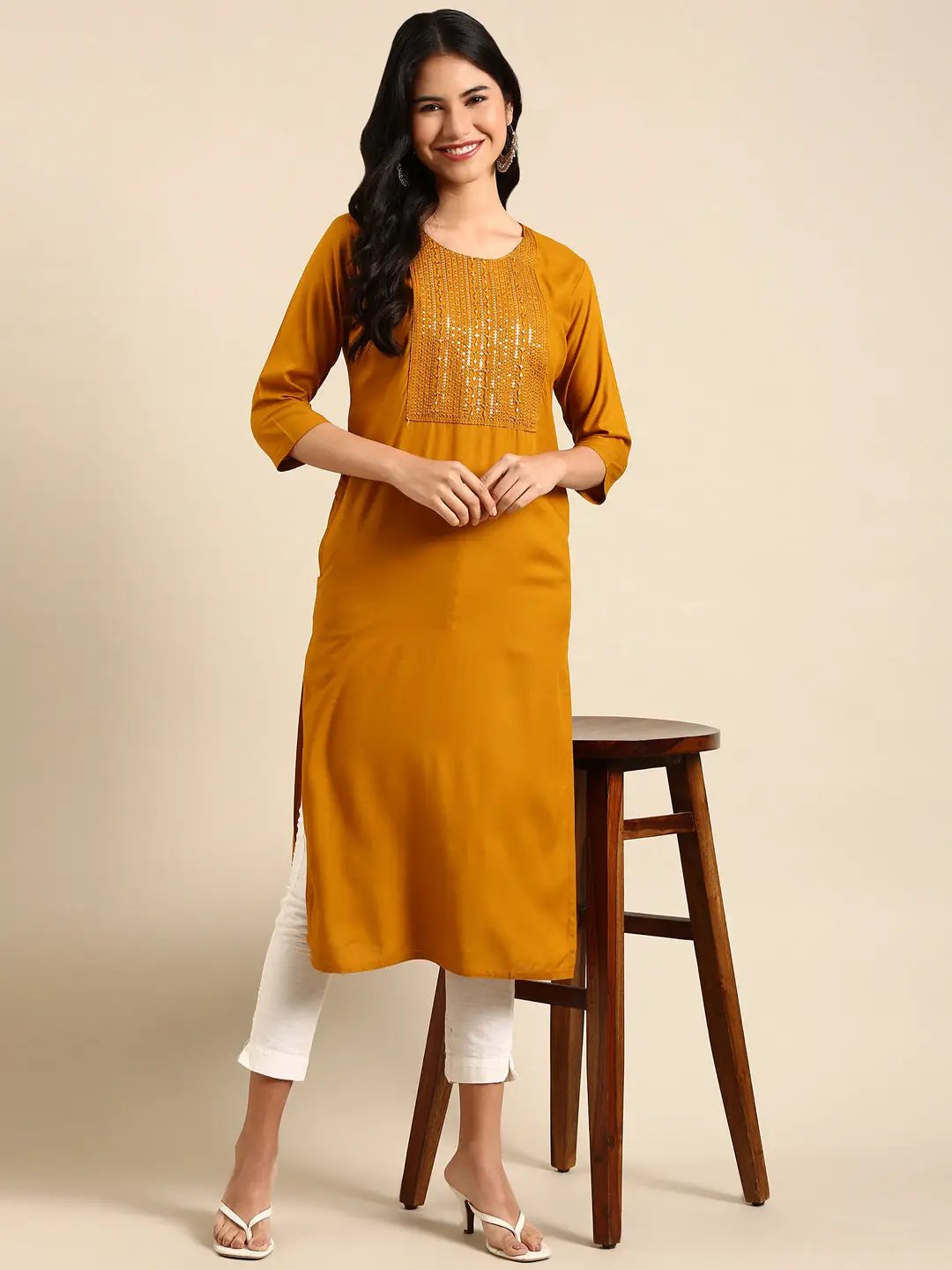 Women's Mustard Solid Straight Kurta