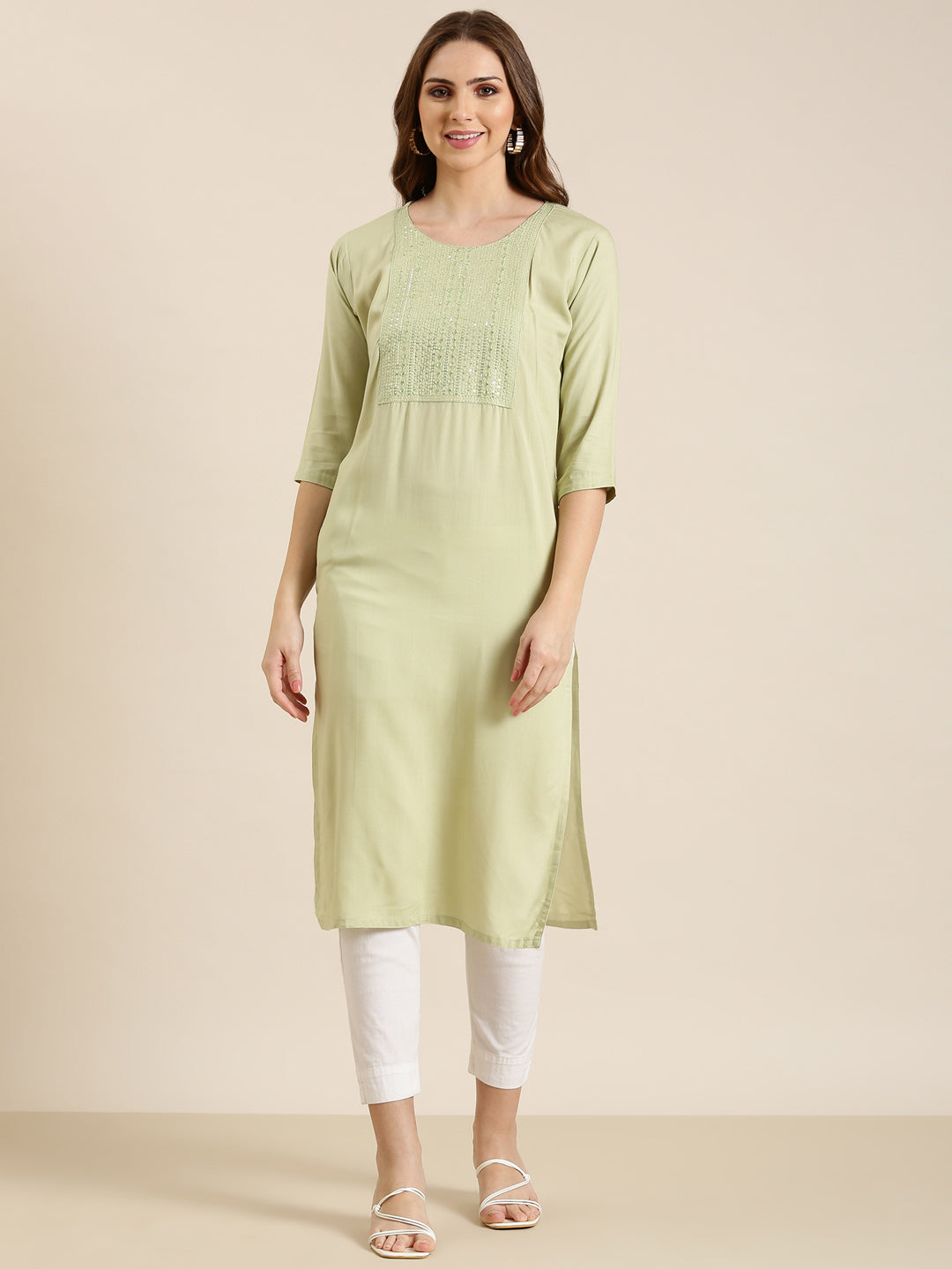 Women Sea Green Solid Straight Kurta