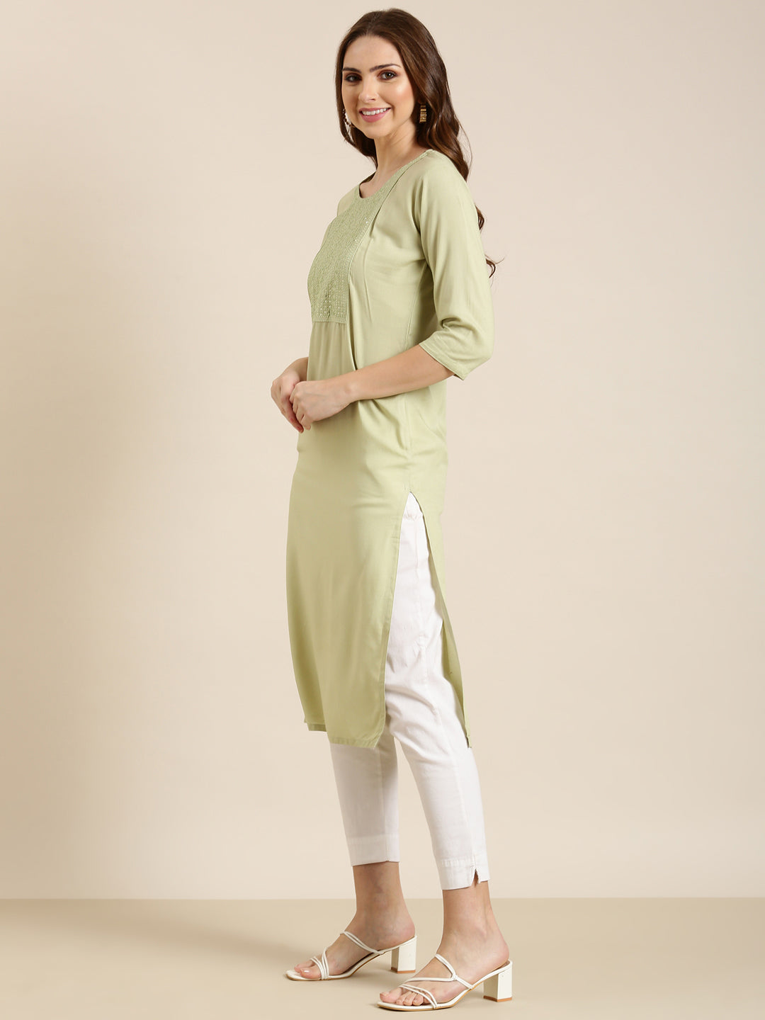 Women Sea Green Solid Straight Kurta