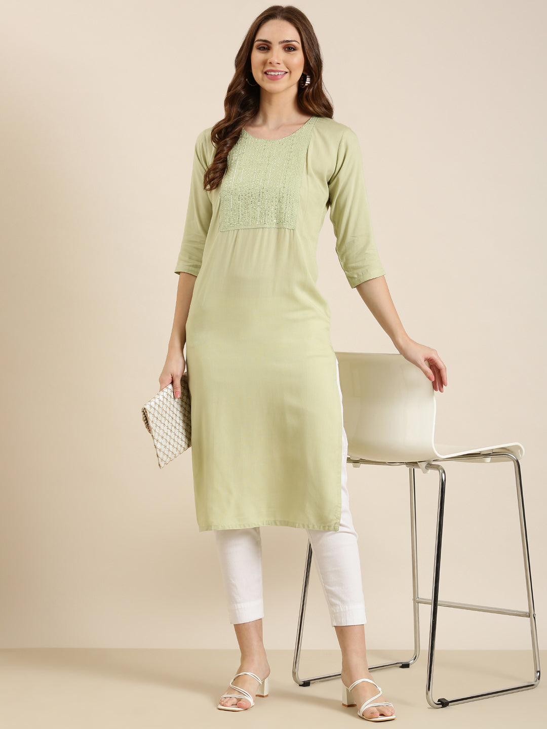 Women Sea Green Solid Straight Kurta