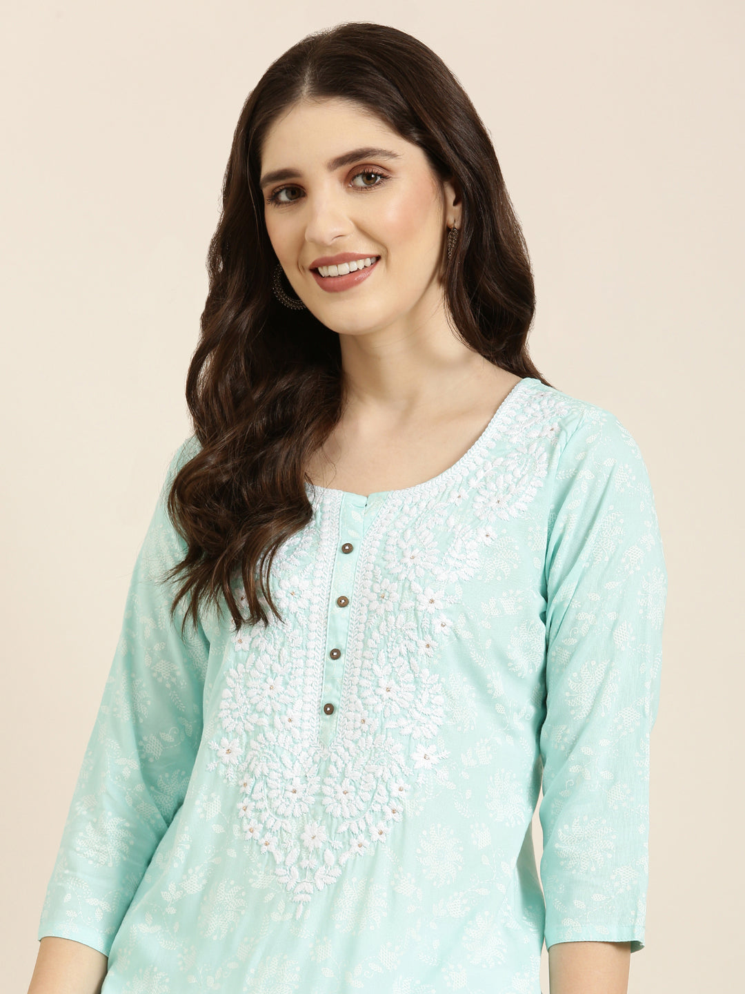 Women Sea Green Floral Straight Kurta