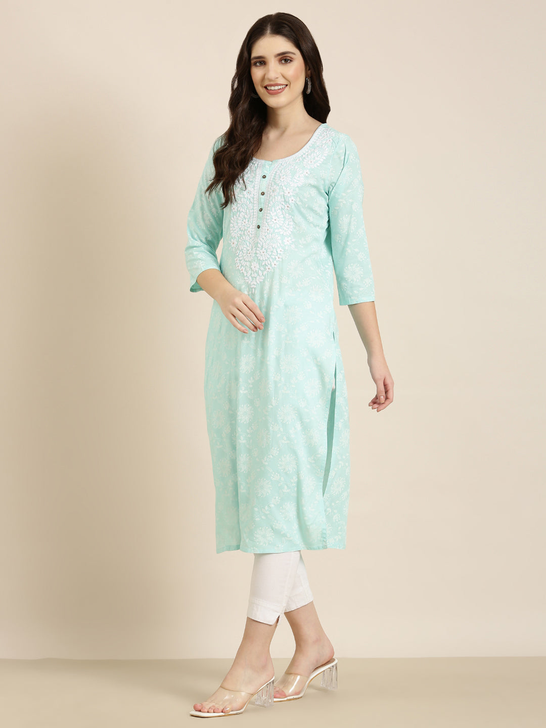 Women Sea Green Floral Straight Kurta