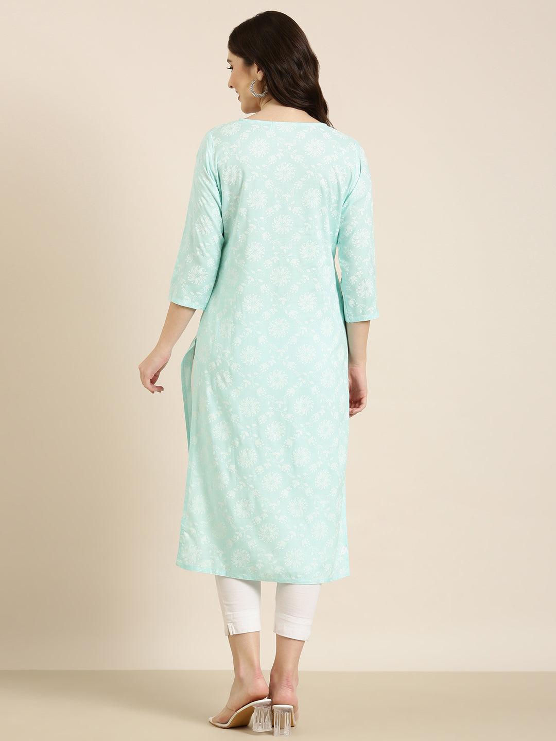 Women Sea Green Floral Straight Kurta