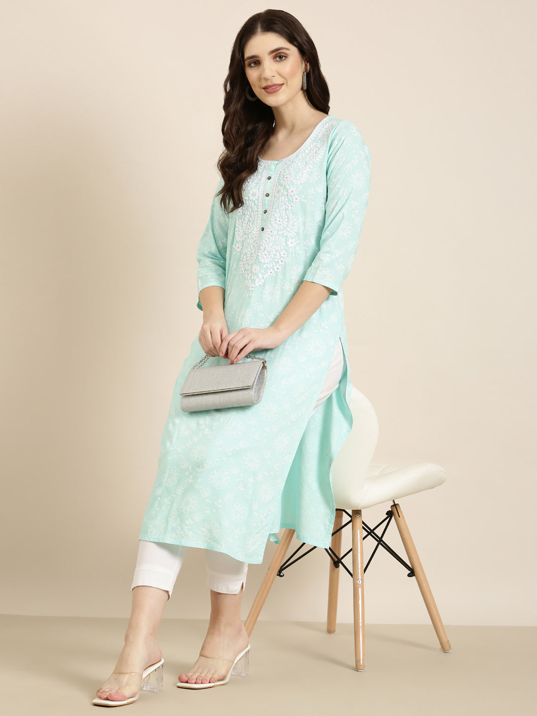 Women Sea Green Floral Straight Kurta