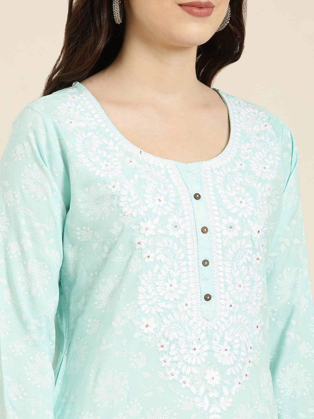 Women Sea Green Floral Straight Kurta