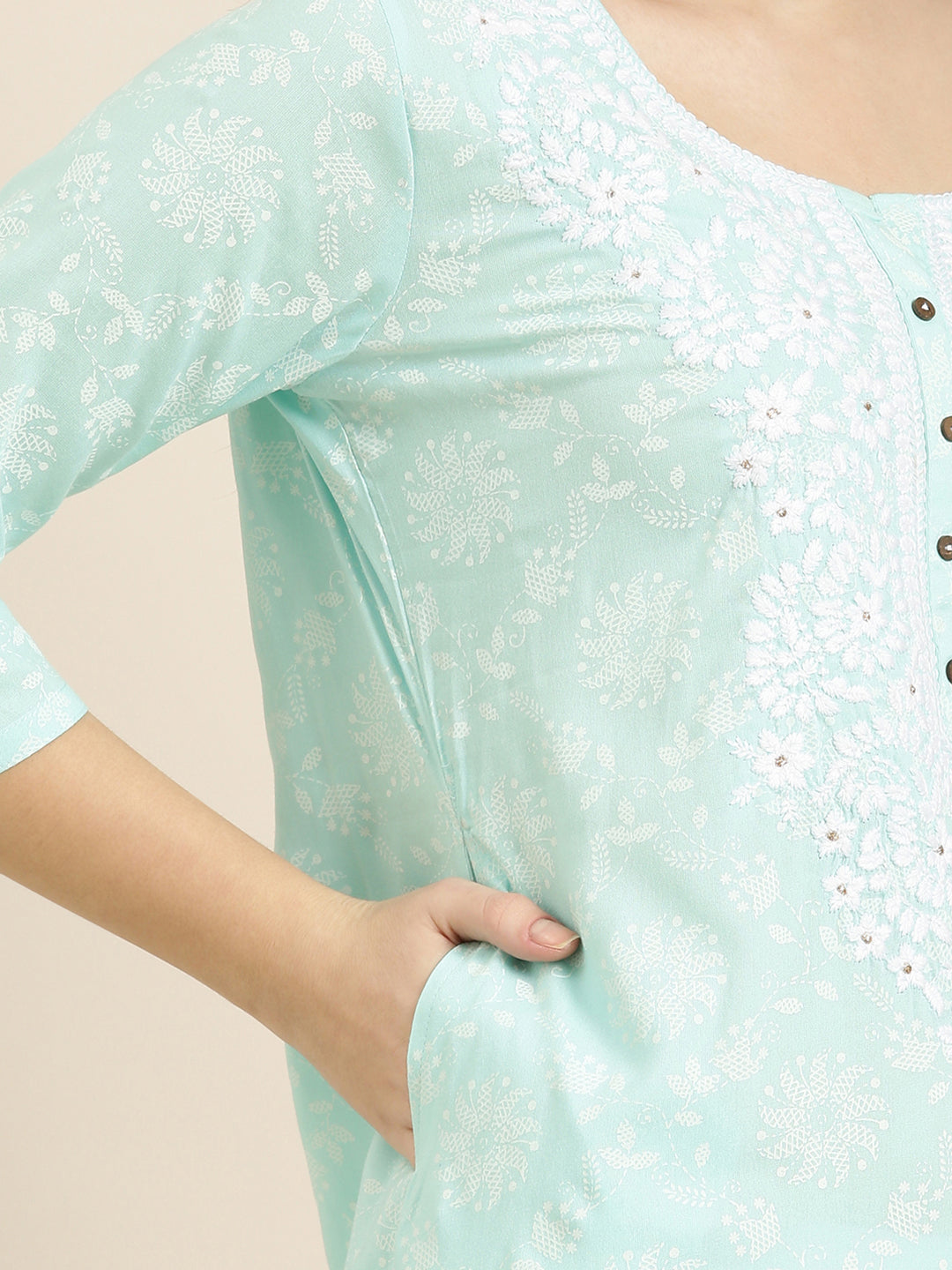 Women Sea Green Floral Straight Kurta