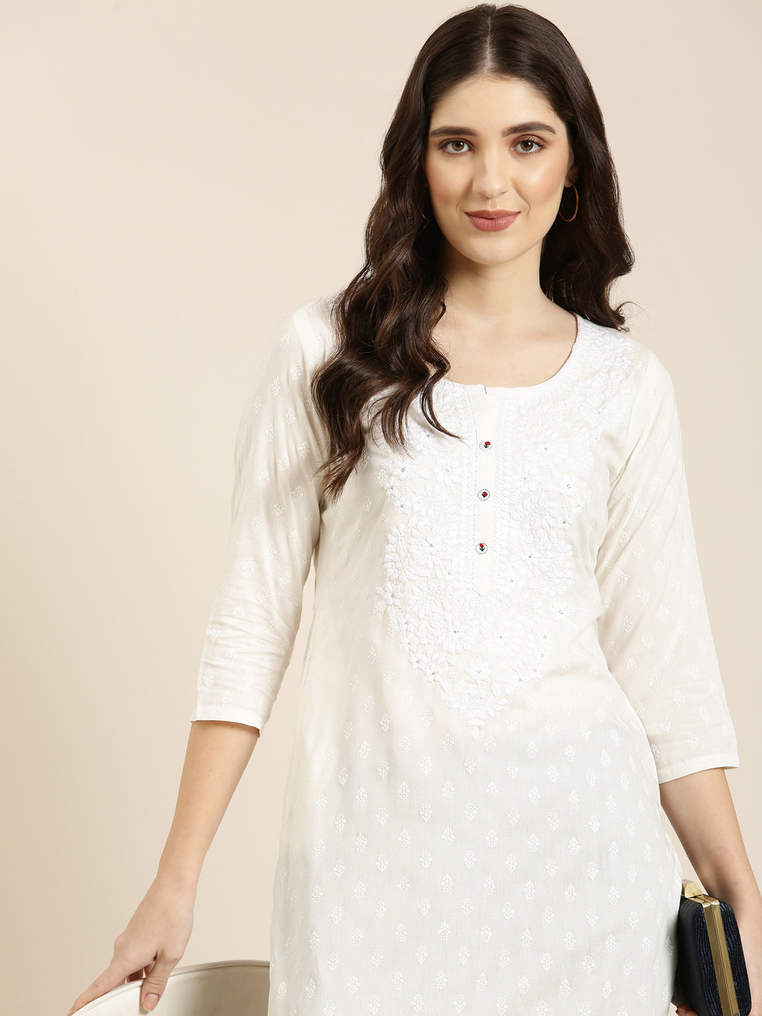 Women White Floral Straight Kurta