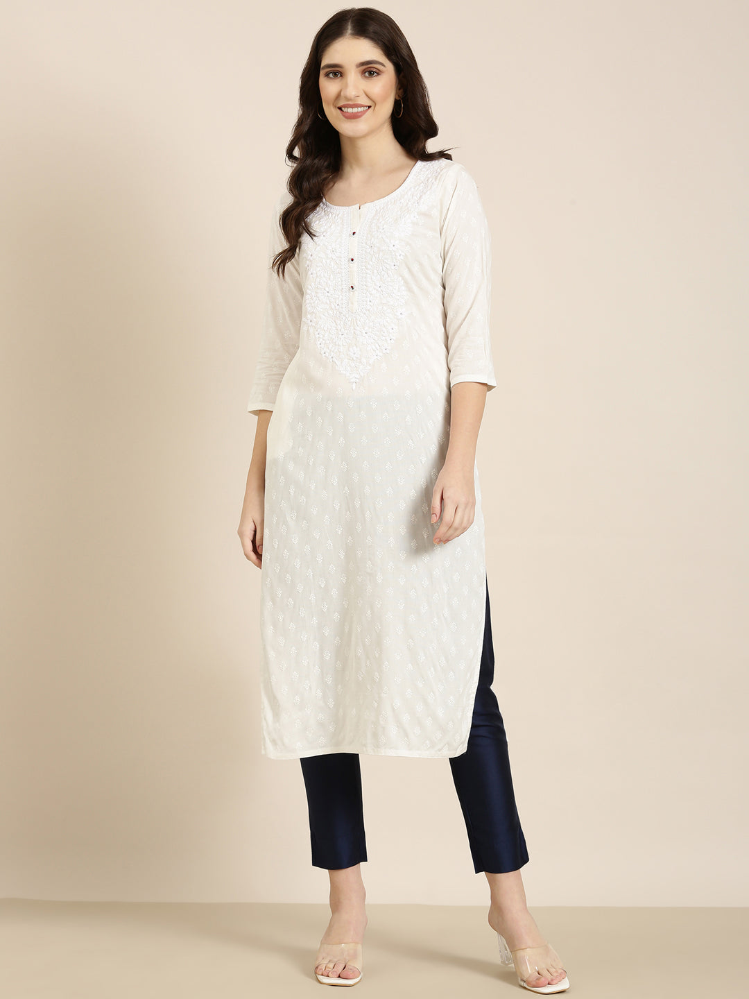 Women White Floral Straight Kurta