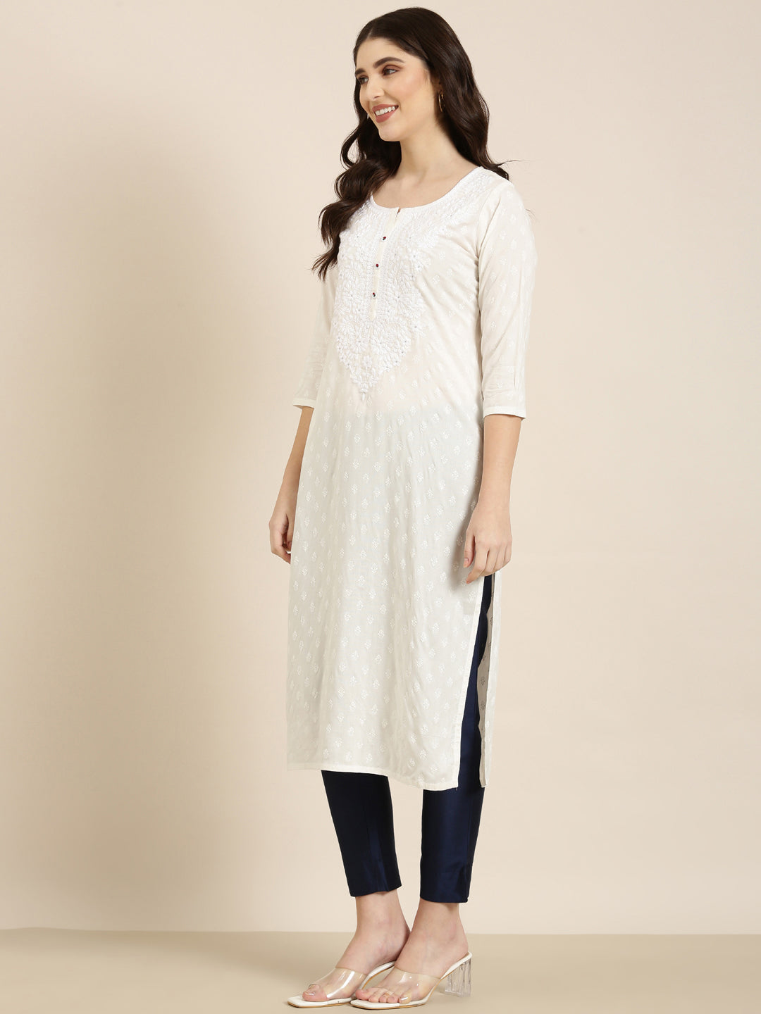 Women White Floral Straight Kurta