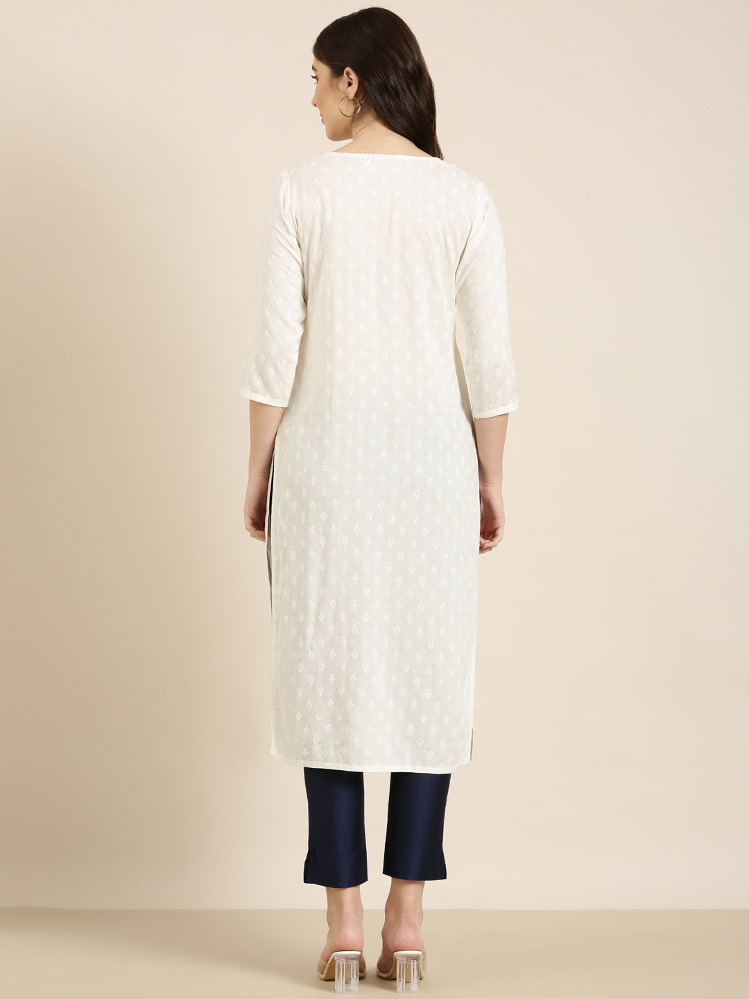 Women White Floral Straight Kurta