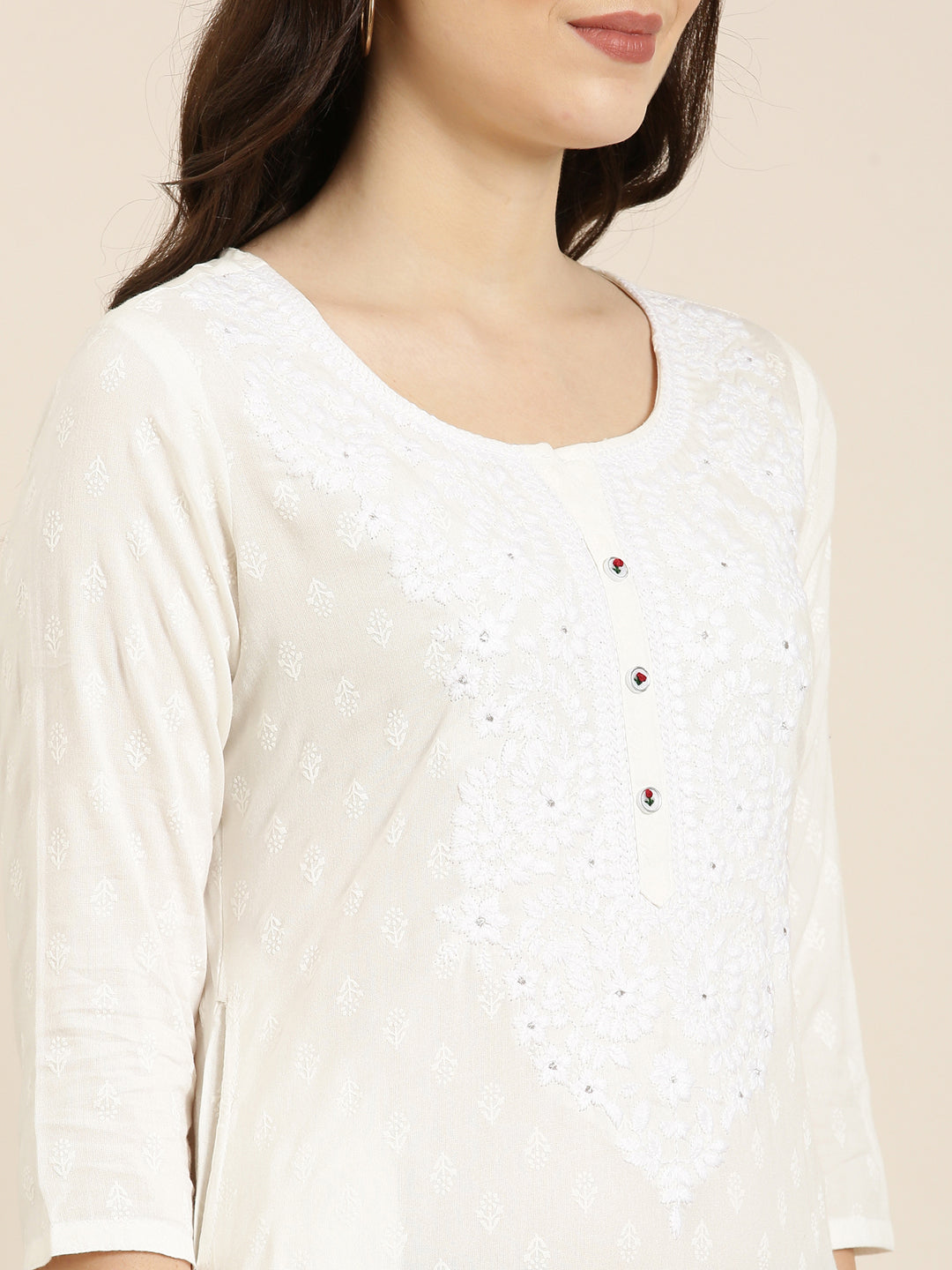 Women White Floral Straight Kurta