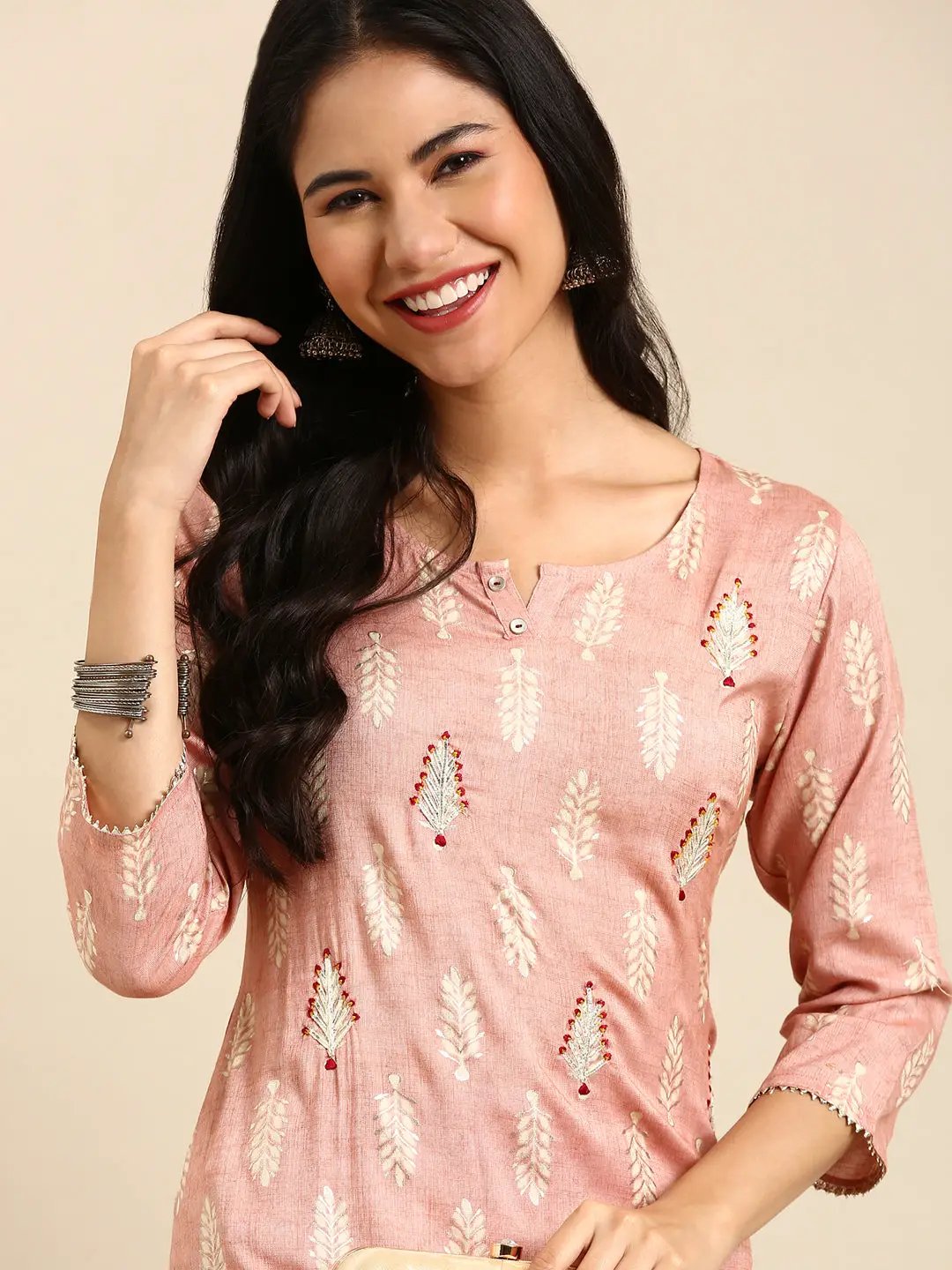 Women's Pink Printed Straight Kurta