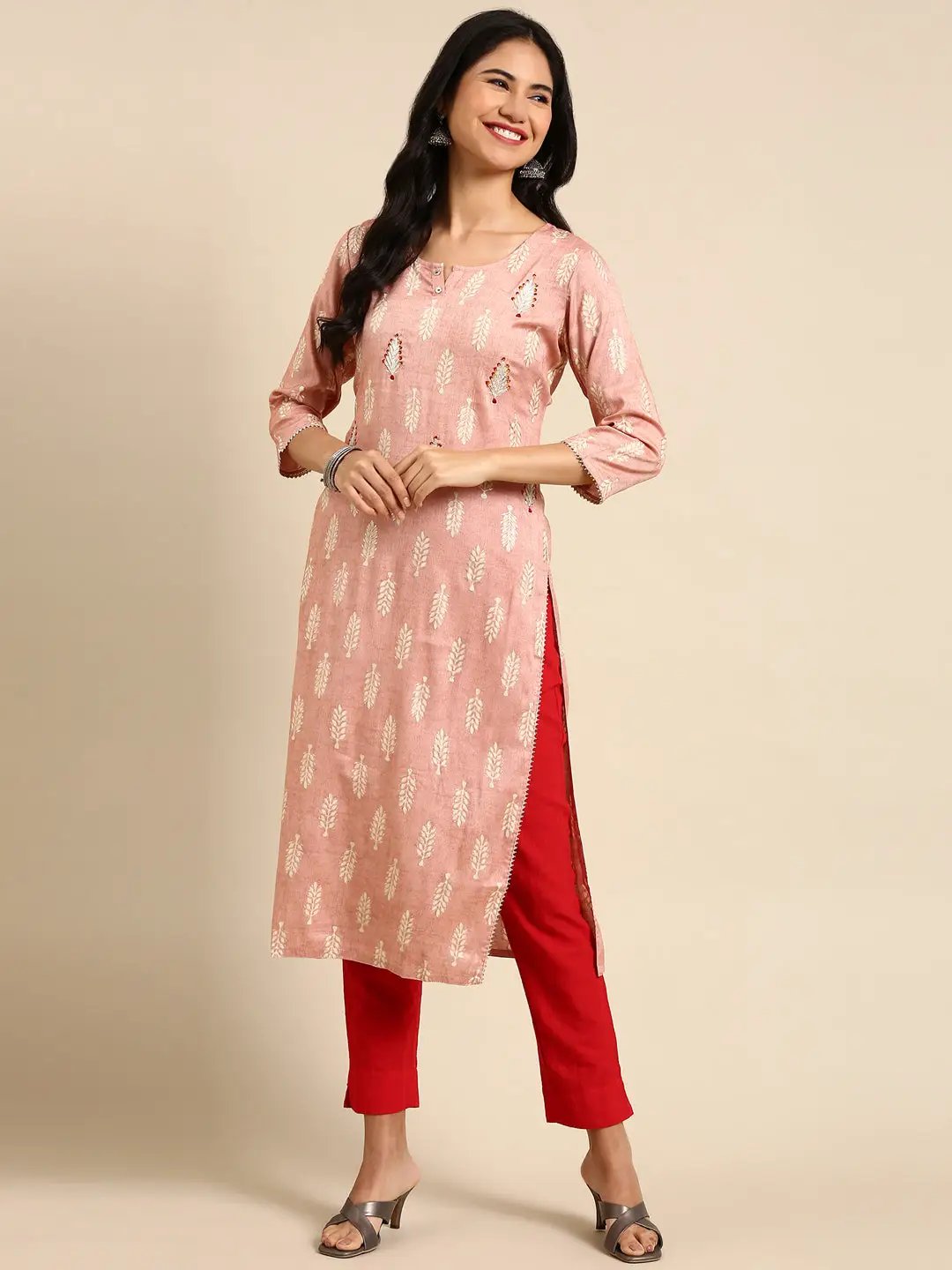 Women's Pink Printed Straight Kurta