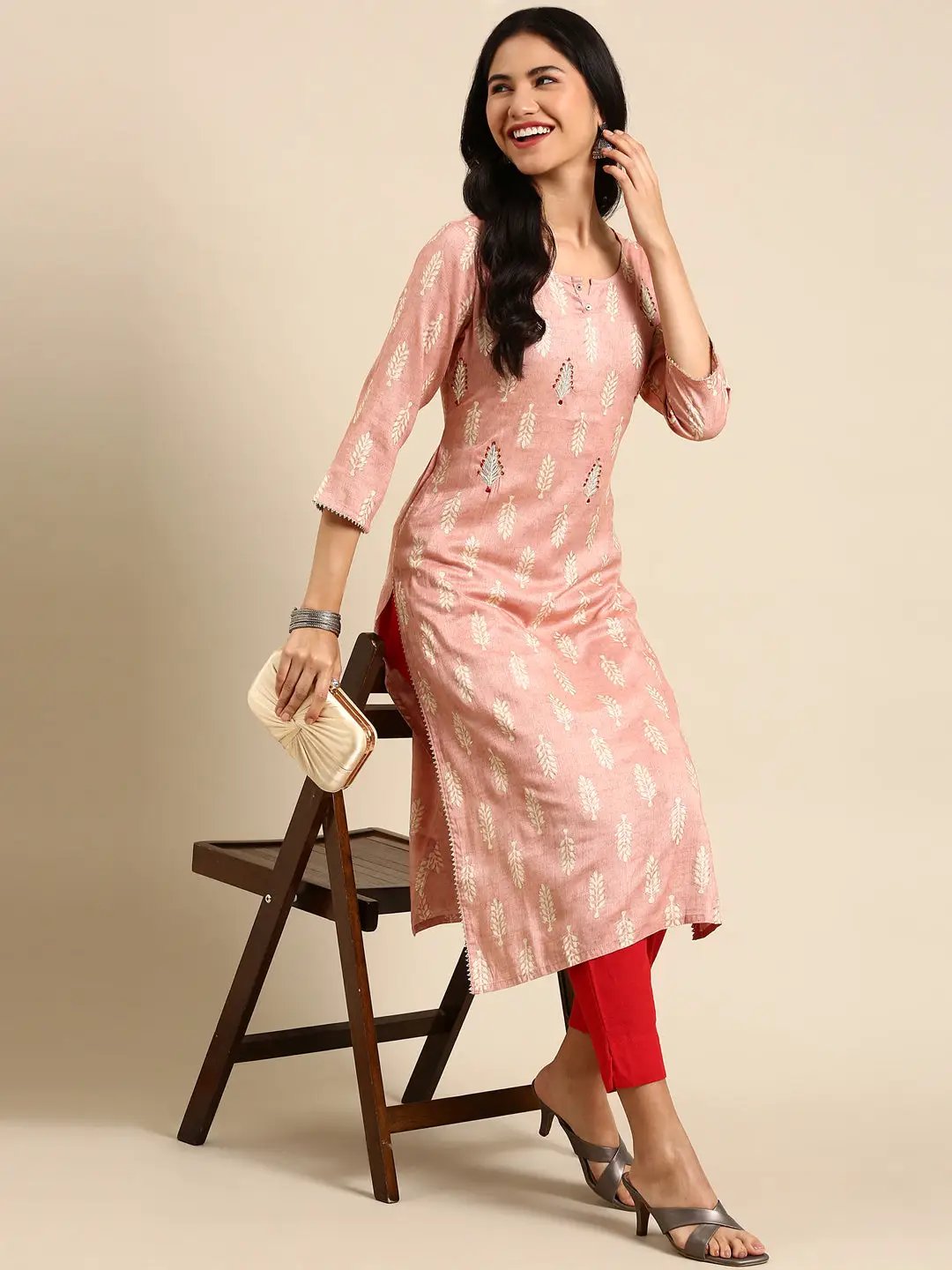 Women's Pink Printed Straight Kurta