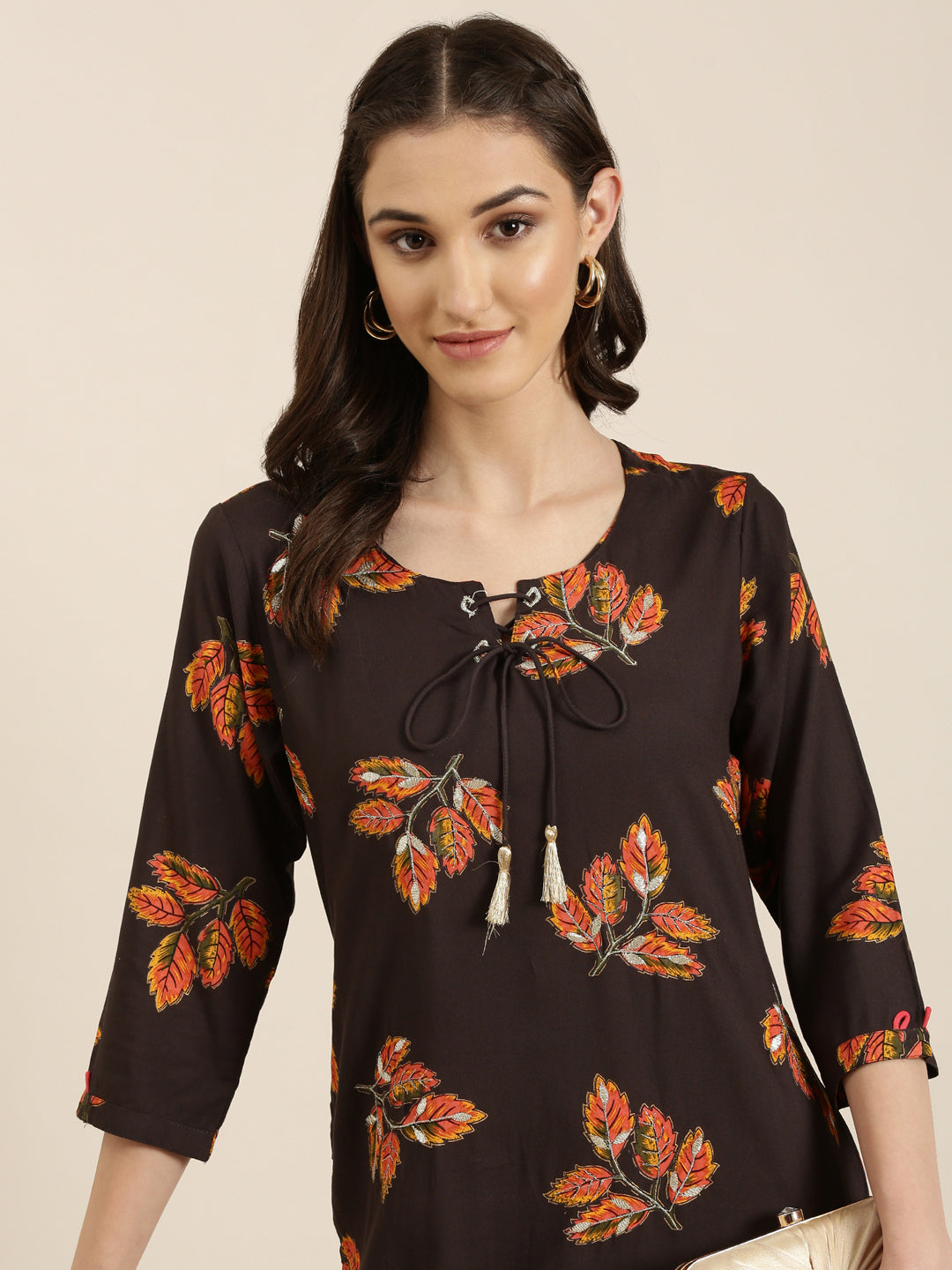 Women Coffee Brown Floral Straight Kurta