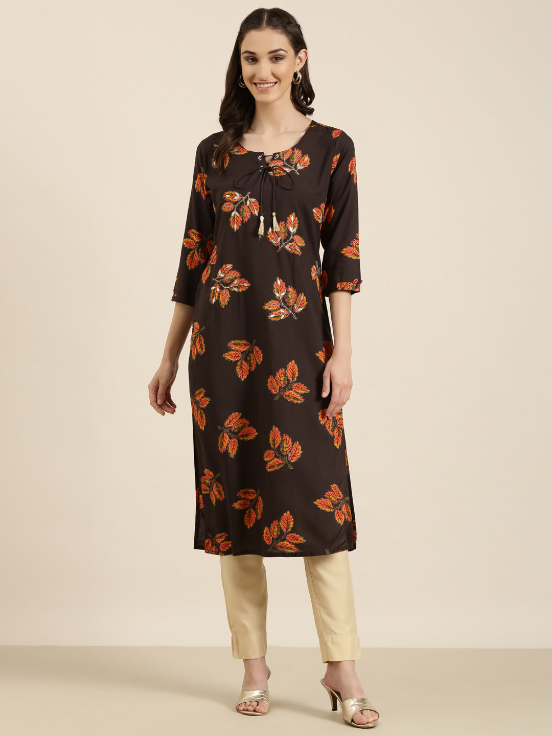 Women Coffee Brown Floral Straight Kurta