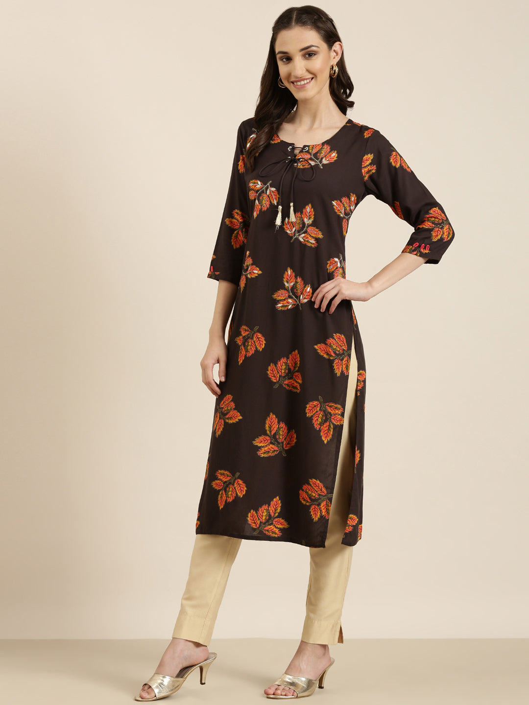 Women Coffee Brown Floral Straight Kurta