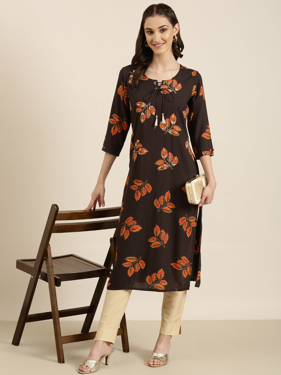 Women Coffee Brown Floral Straight Kurta