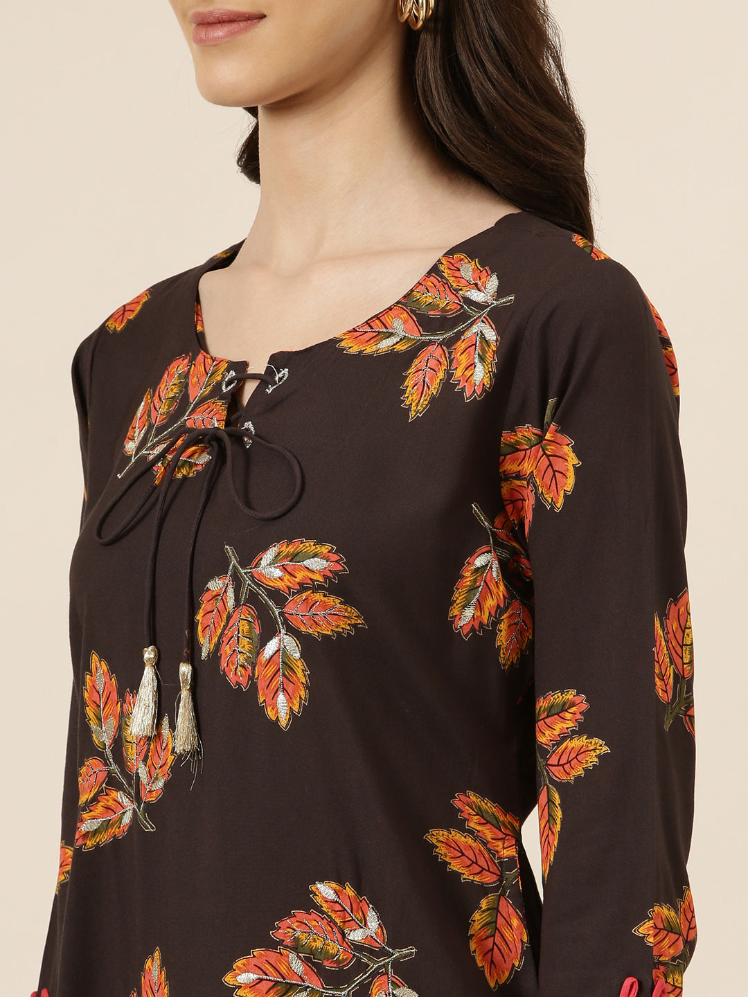 Women Coffee Brown Floral Straight Kurta