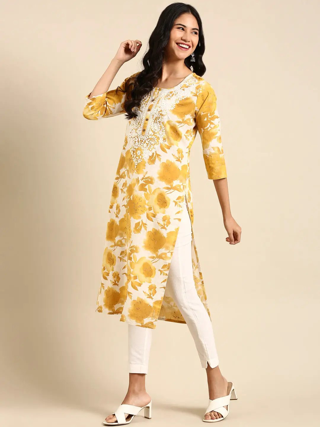 Women's Yellow Printed Straight Kurta