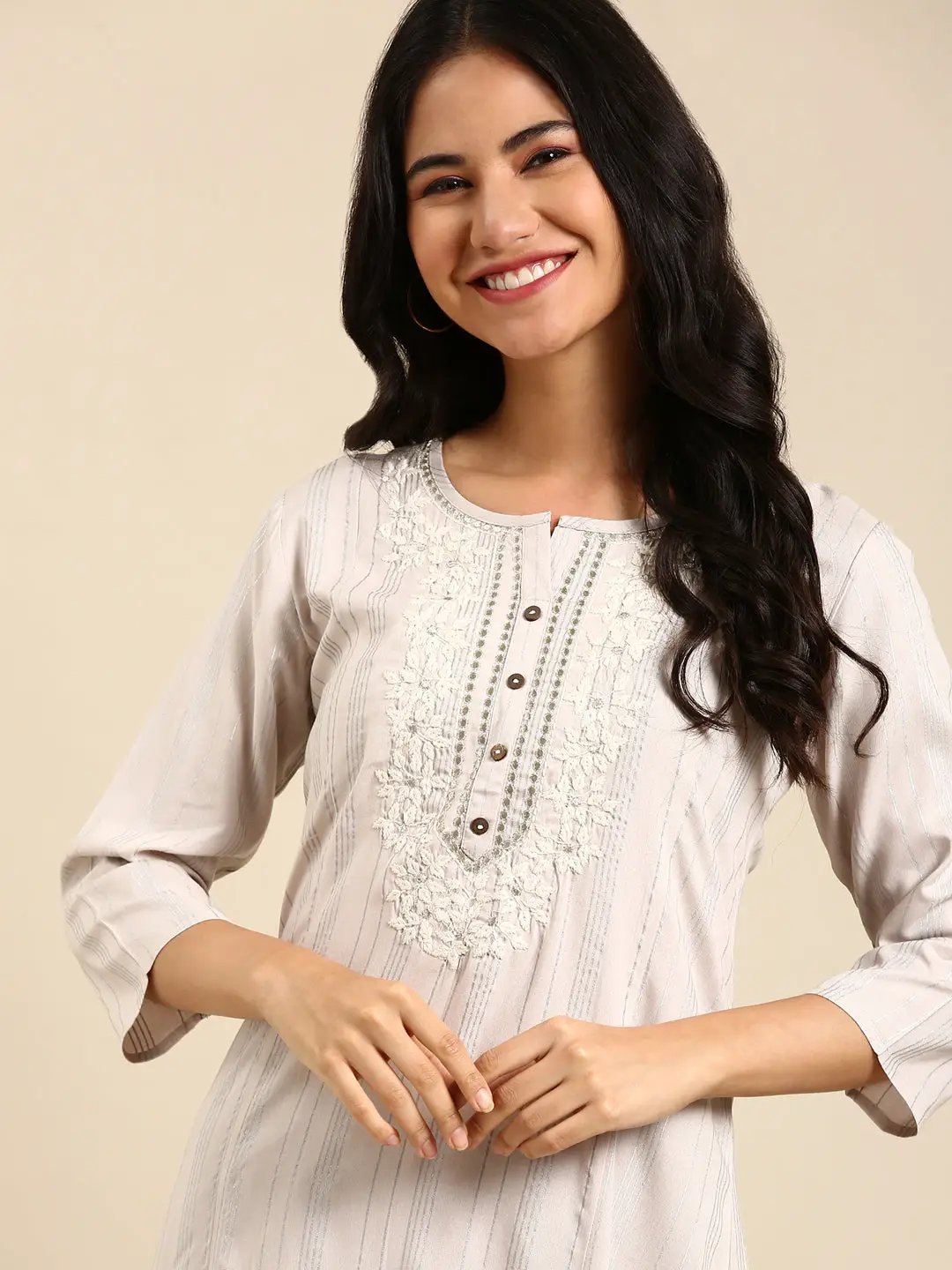 Women's Silver Striped Straight Kurta