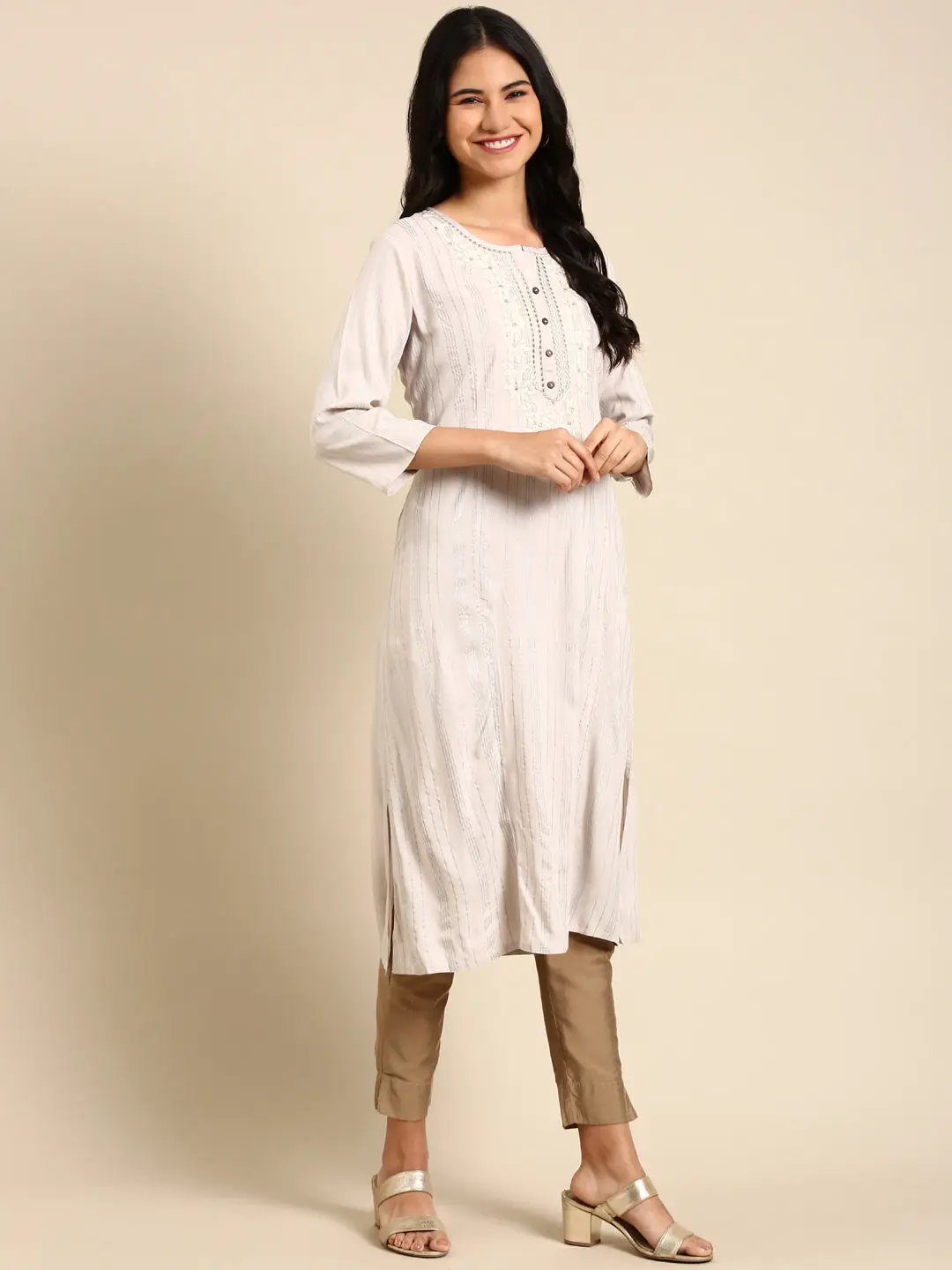 Women's Silver Striped Straight Kurta