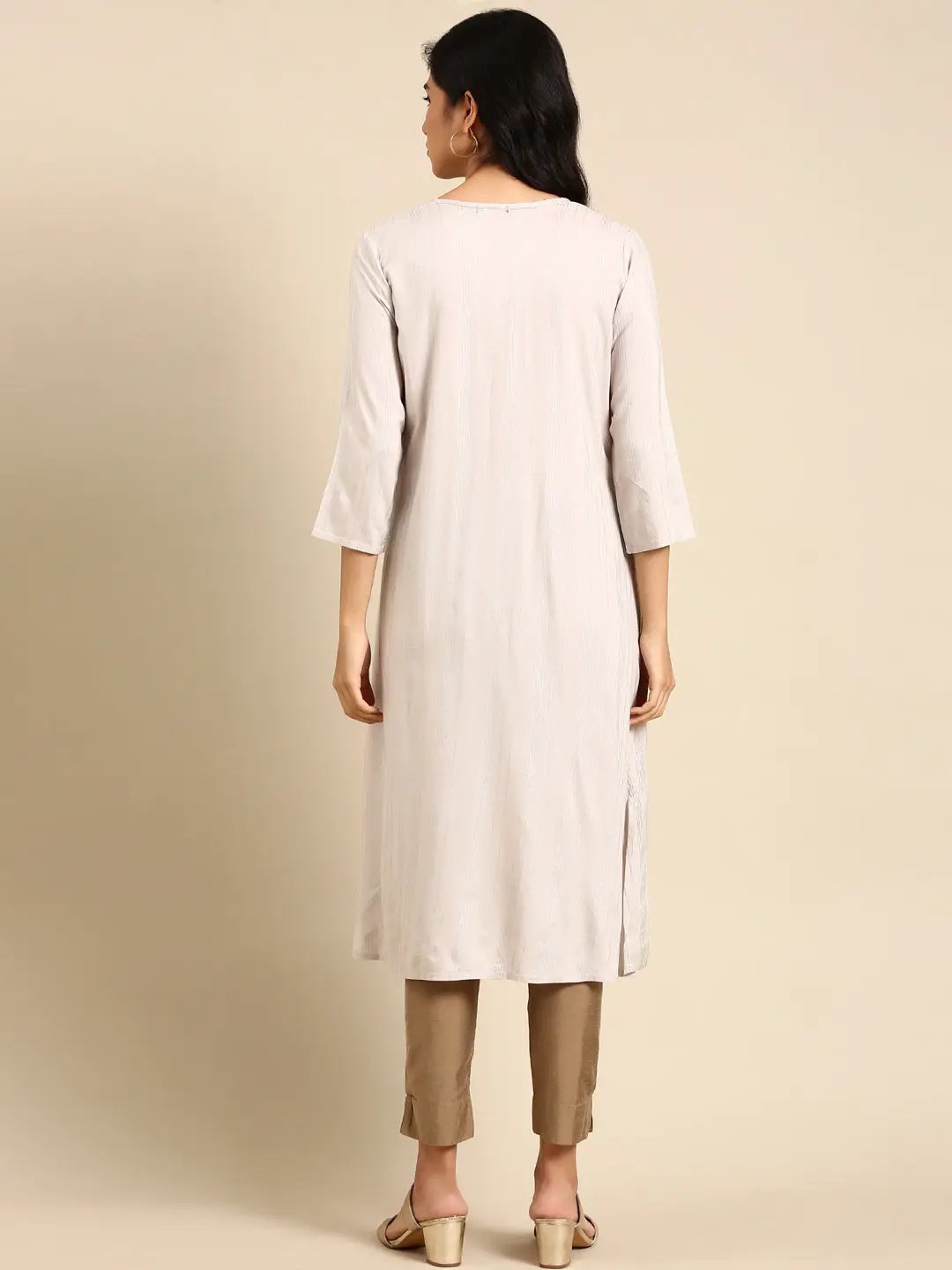 Women's Silver Striped Straight Kurta