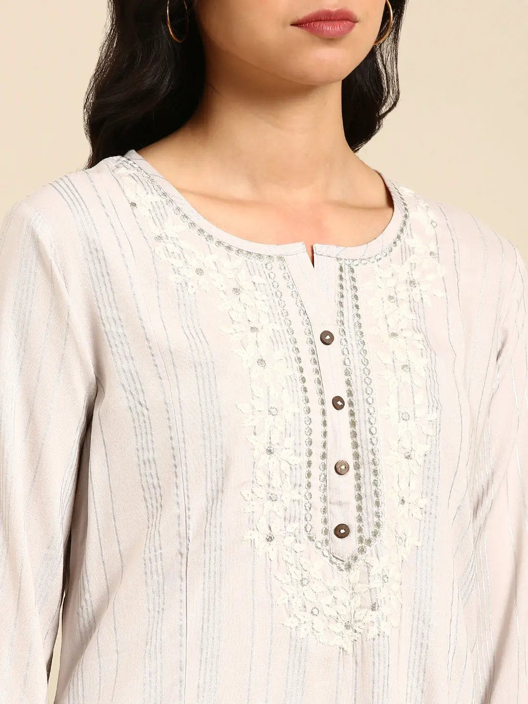Women's Silver Striped Straight Kurta