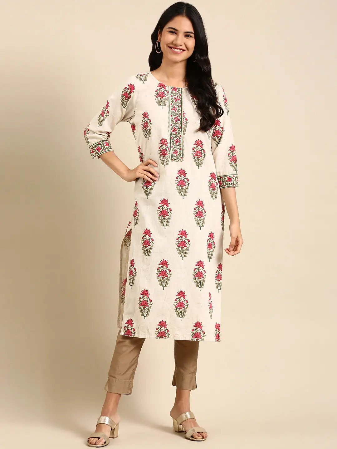 Women's Off White Printed Straight Kurta