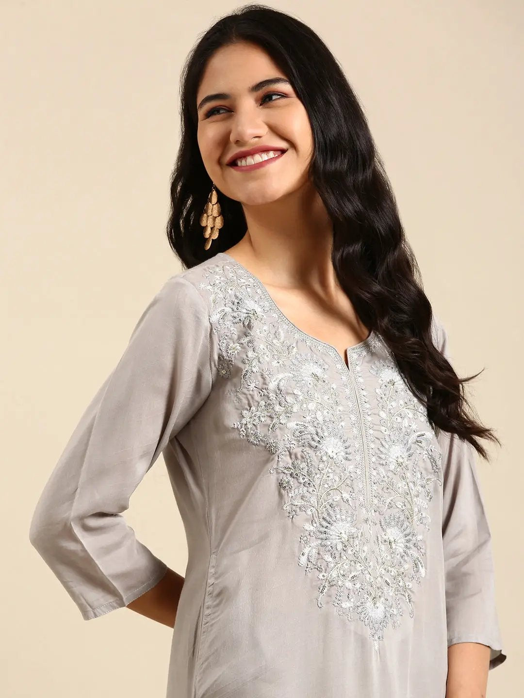 Women's Grey Solid Straight Kurta