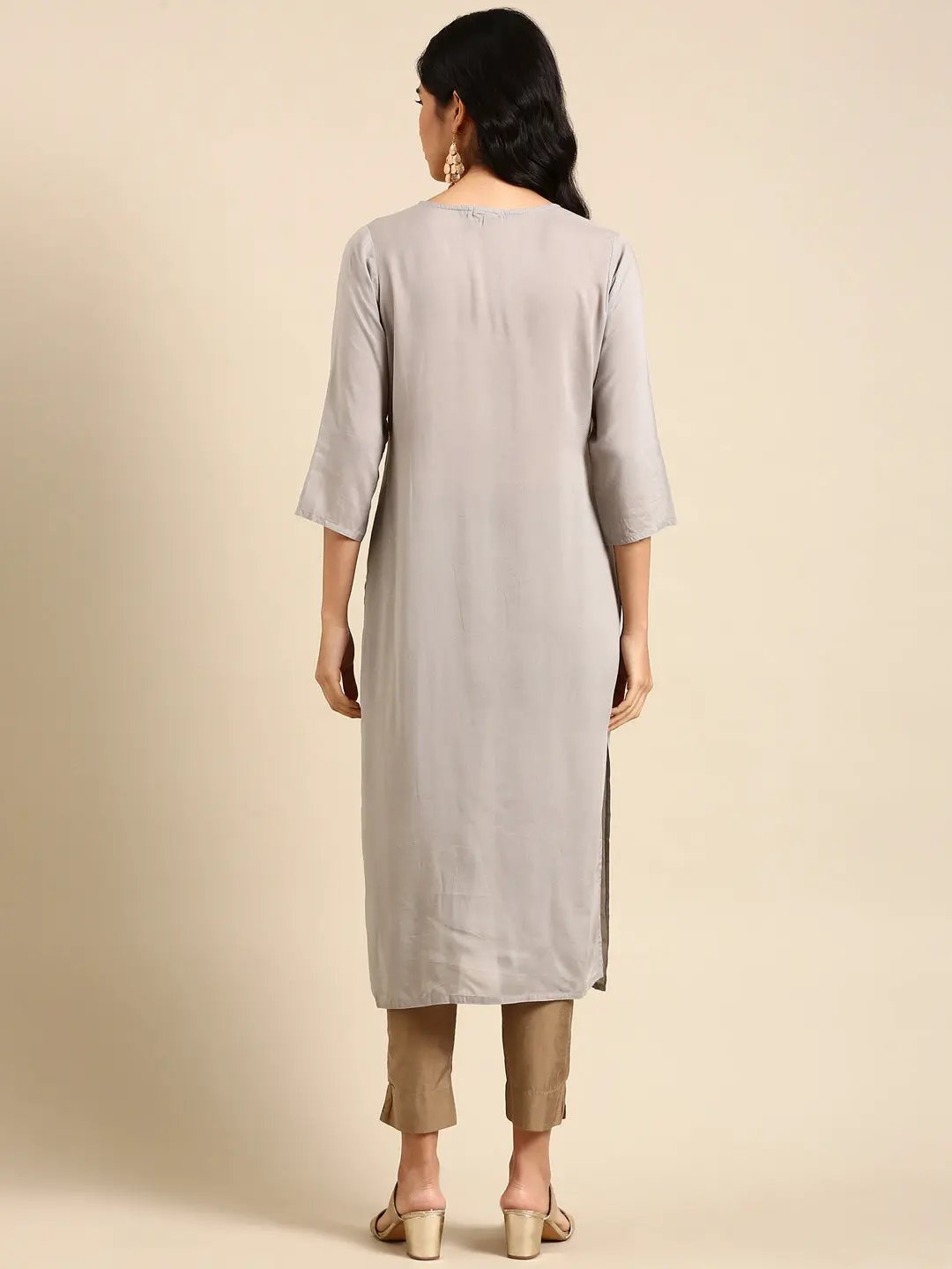Women's Grey Solid Straight Kurta