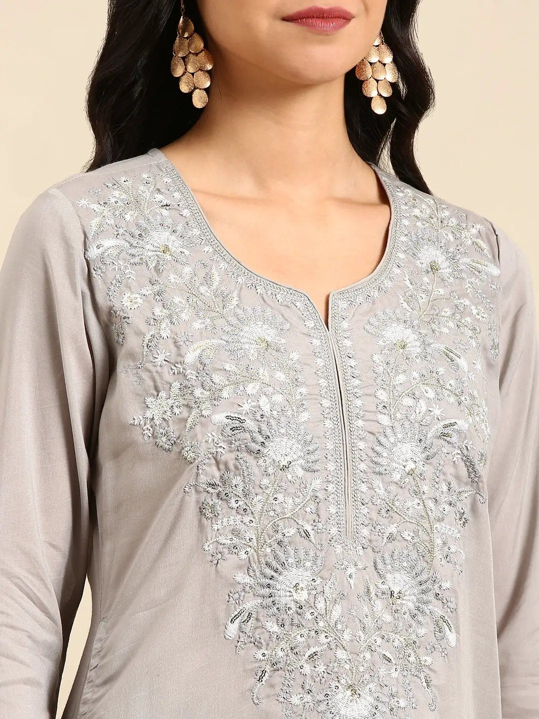 Women's Grey Solid Straight Kurta
