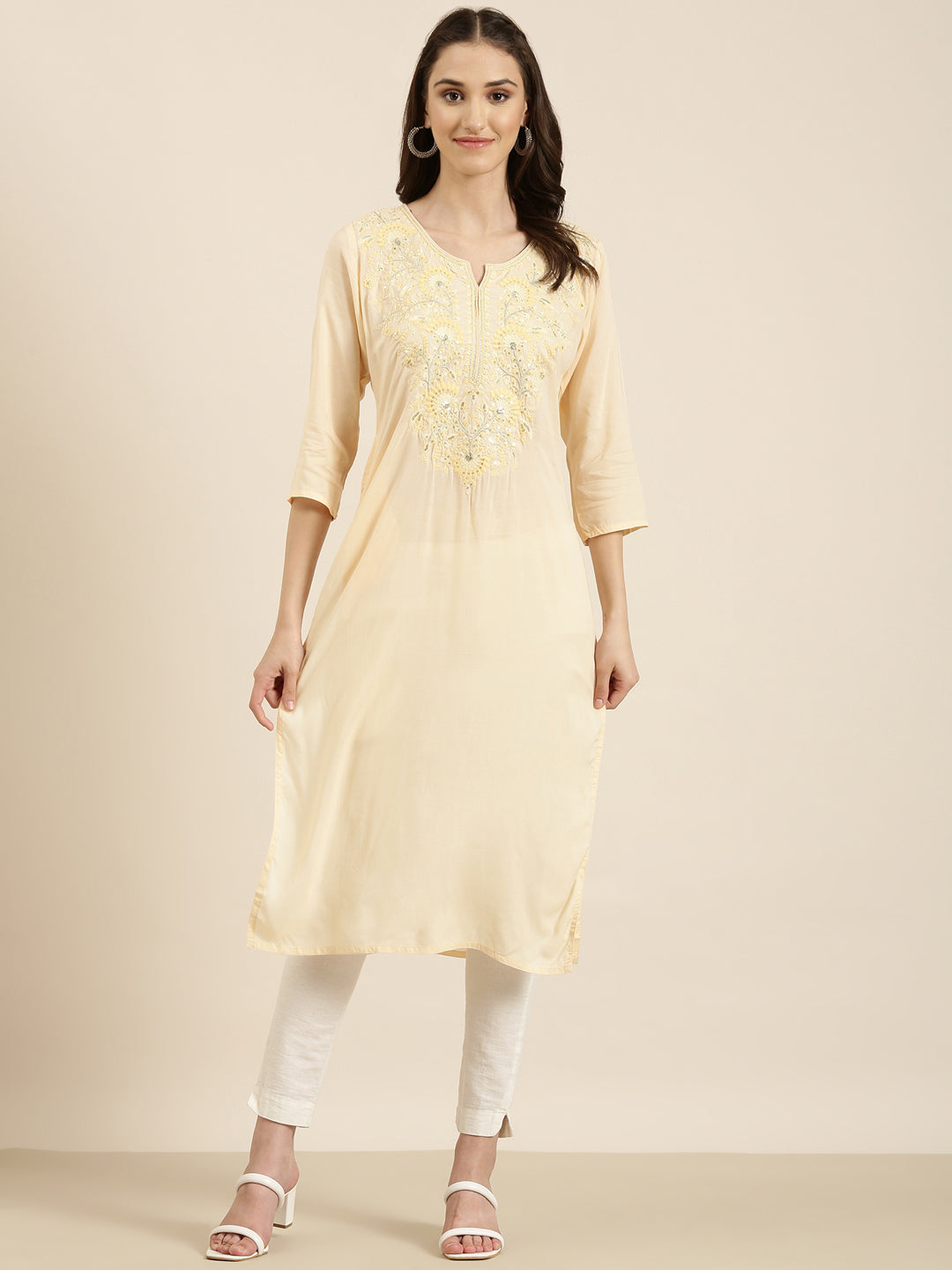 Women Peach Solid Straight Kurta